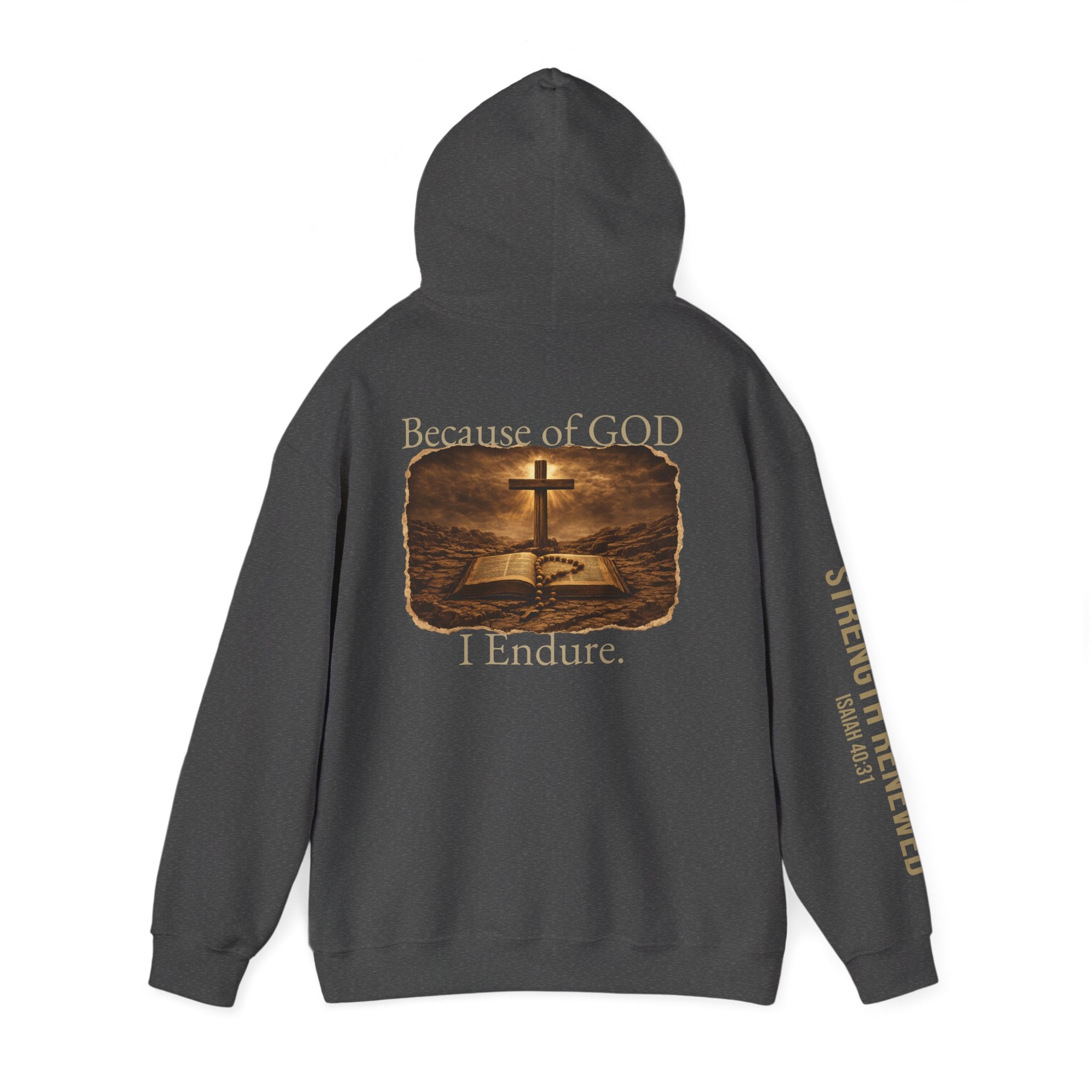 Christian Hoodie — "Because God I Endure" Cross & Bible Faith Pullover