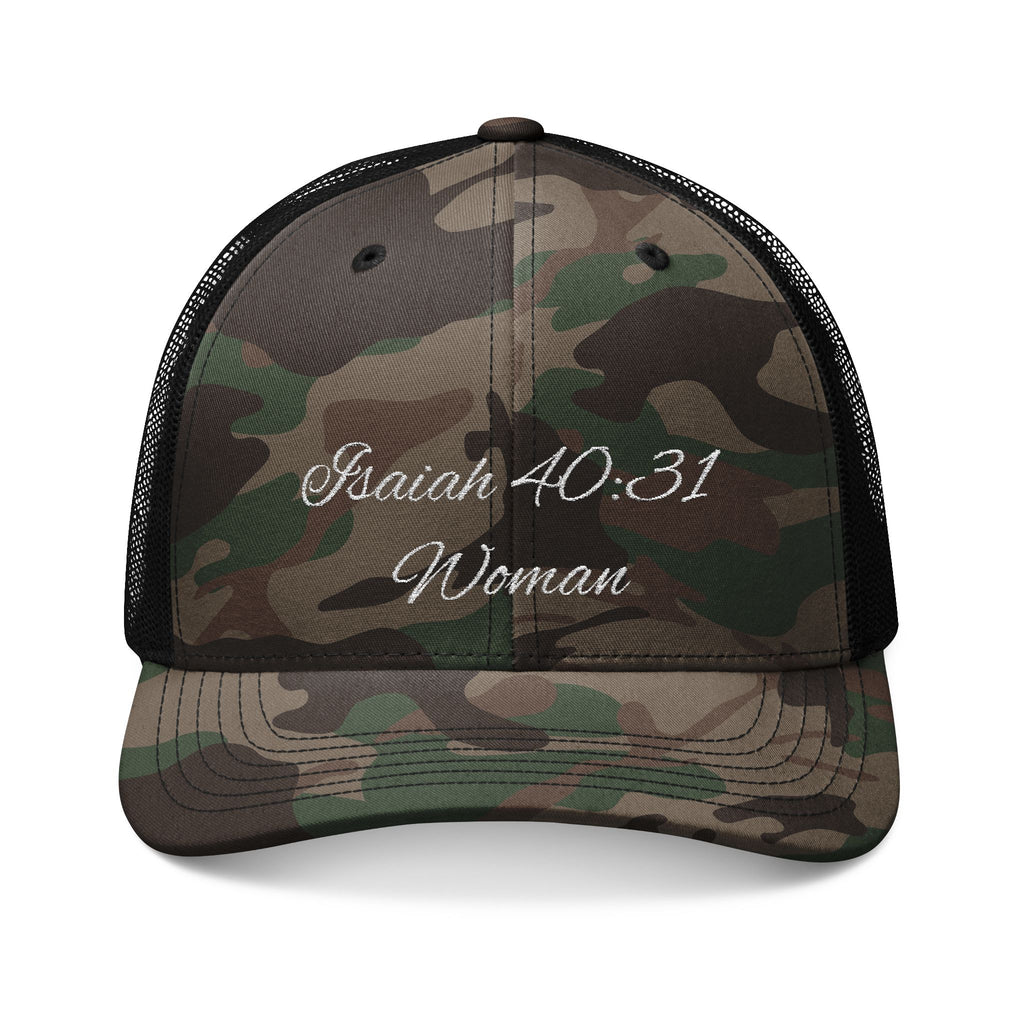 Camo Trucker Hat — "Isaiah 40:31 Woman" Embroidered Cap