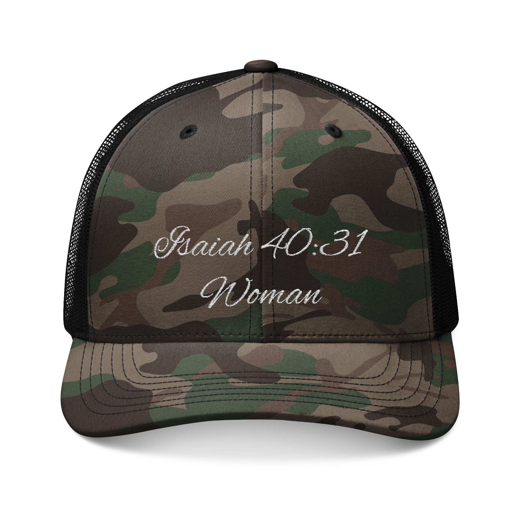 Camo Trucker Hat — "Isaiah 40:31 Woman" Embroidered Cap