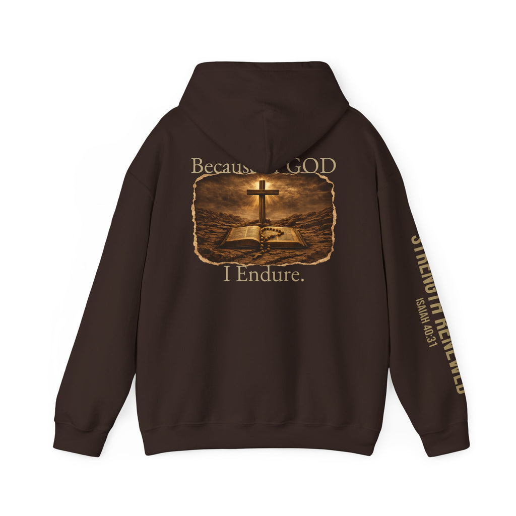 Christian Hoodie — "Because God I Endure" Cross & Bible Faith Pullover