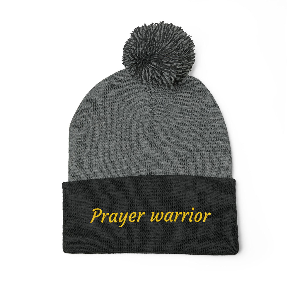 Prayer Warrior Pom-Pom Knit Cap — Embroidered Beanie Hat