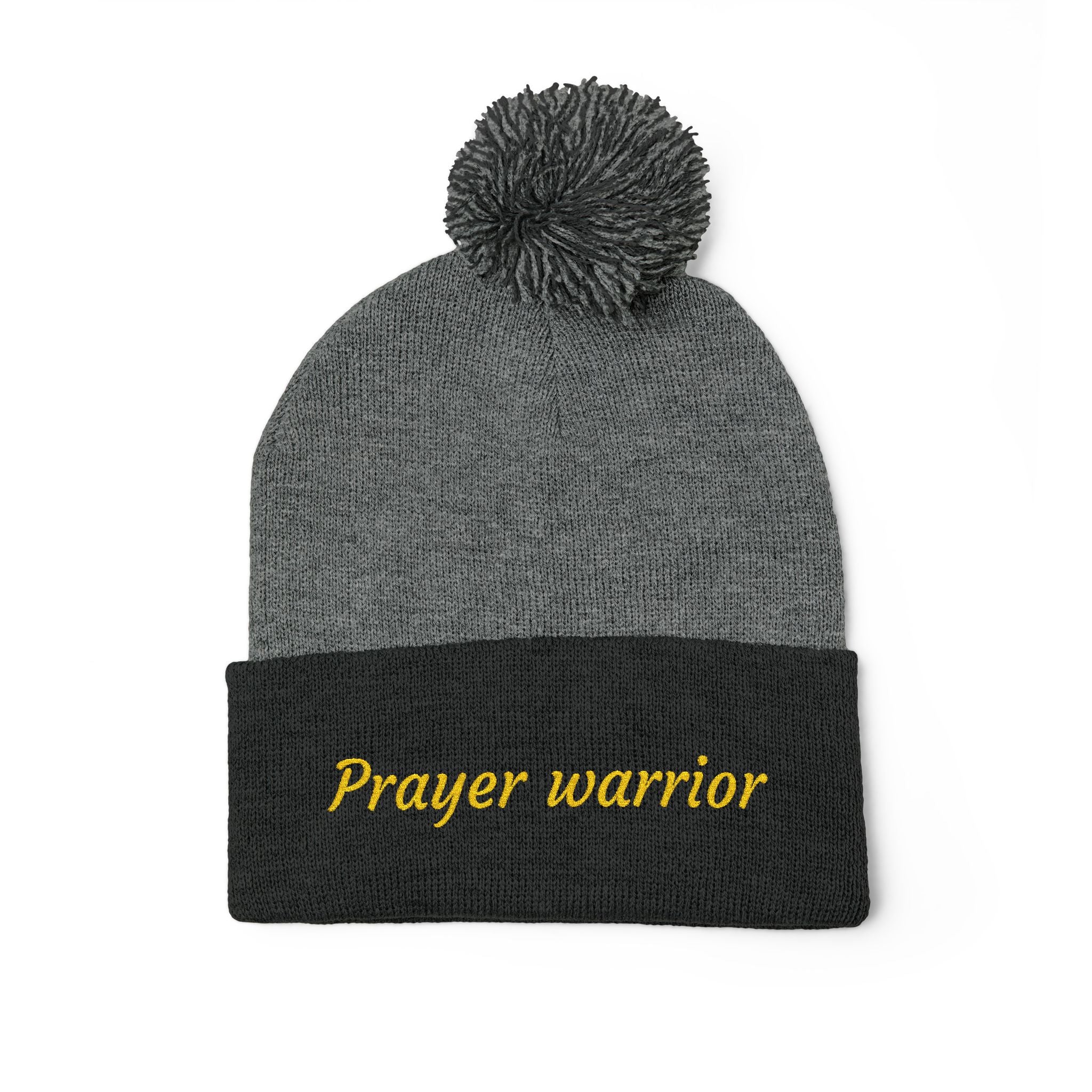Prayer Warrior Pom-Pom Knit Cap — Embroidered Beanie Hat