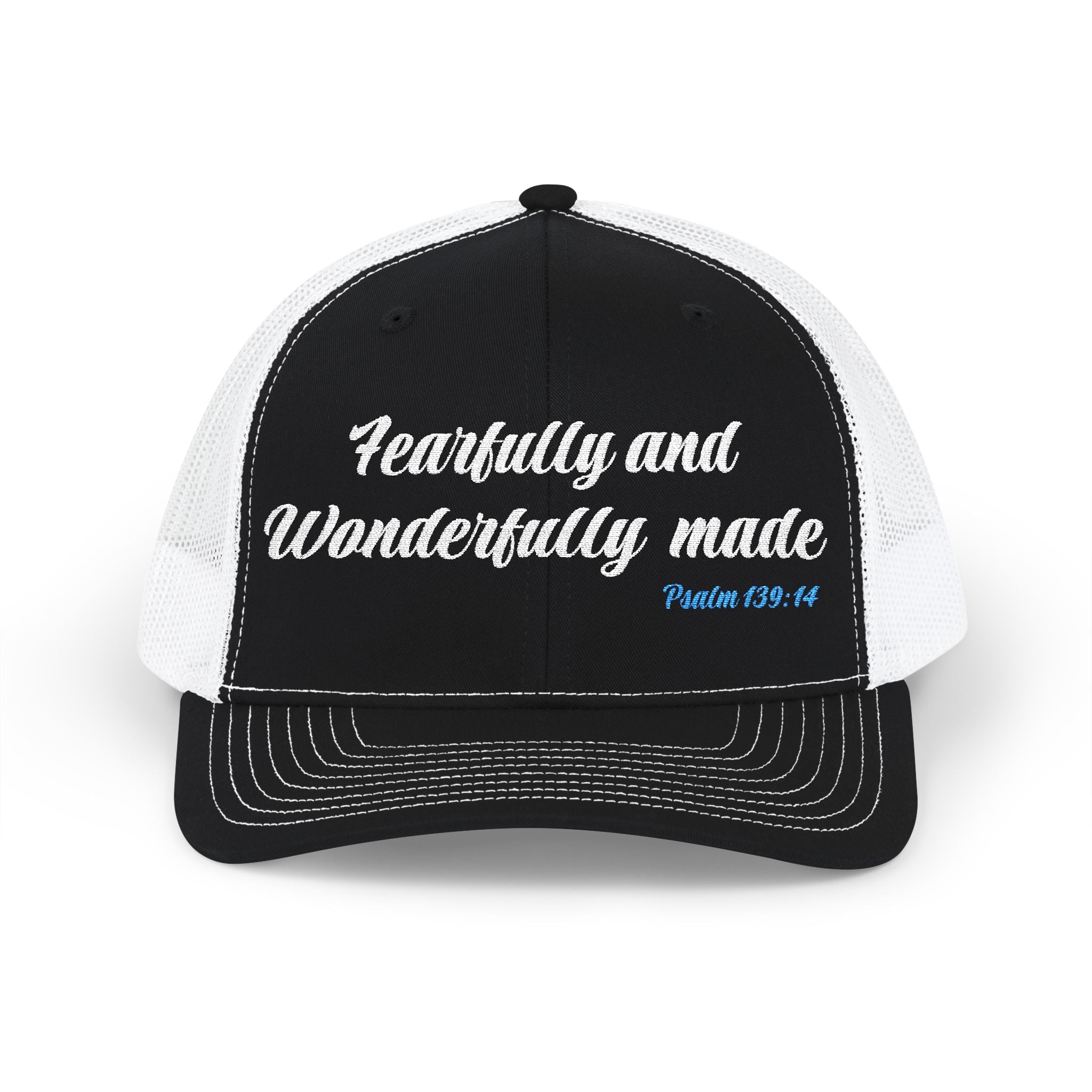 Embroidered 'Fearfully and Wonderfully Made' Snapback Trucker Cap — Christian Scripture Hat (Psalm 139:14)