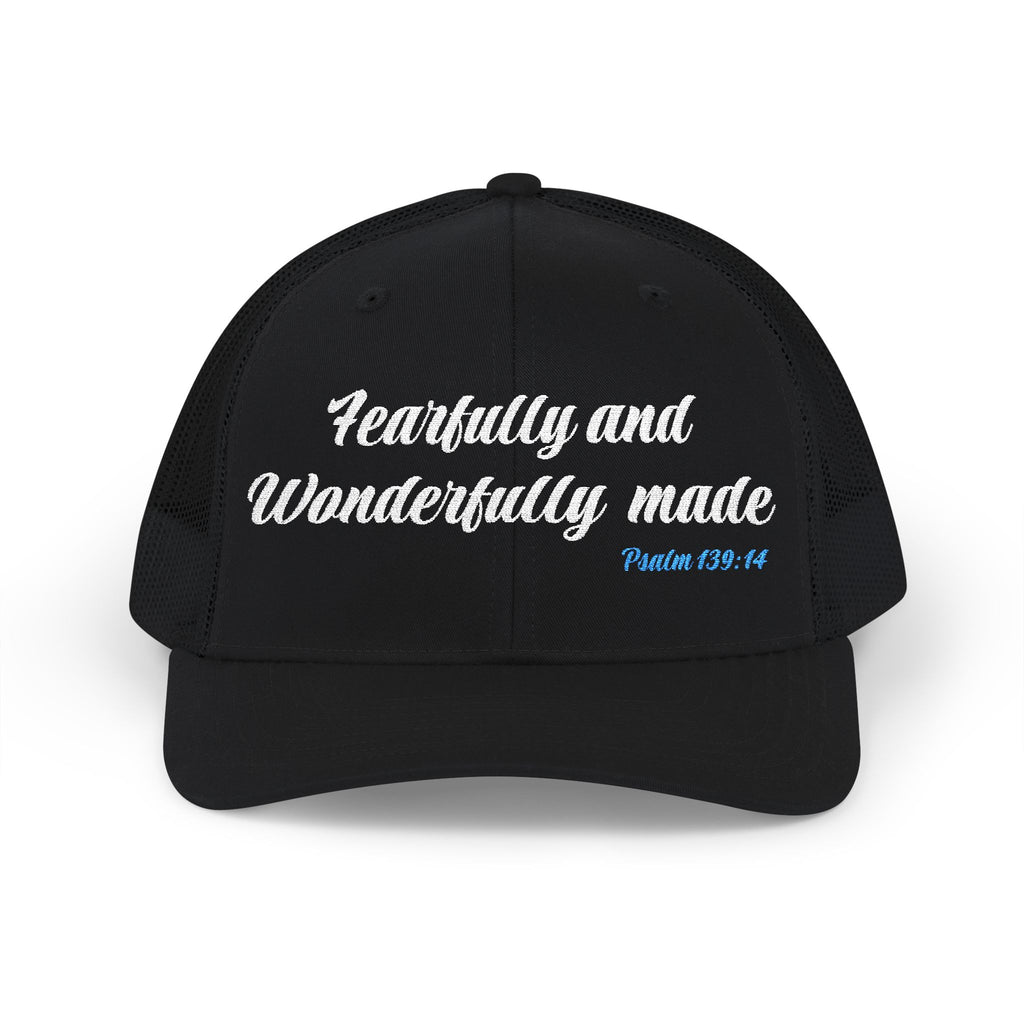 Embroidered 'Fearfully and Wonderfully Made' Snapback Trucker Cap — Christian Scripture Hat (Psalm 139:14)