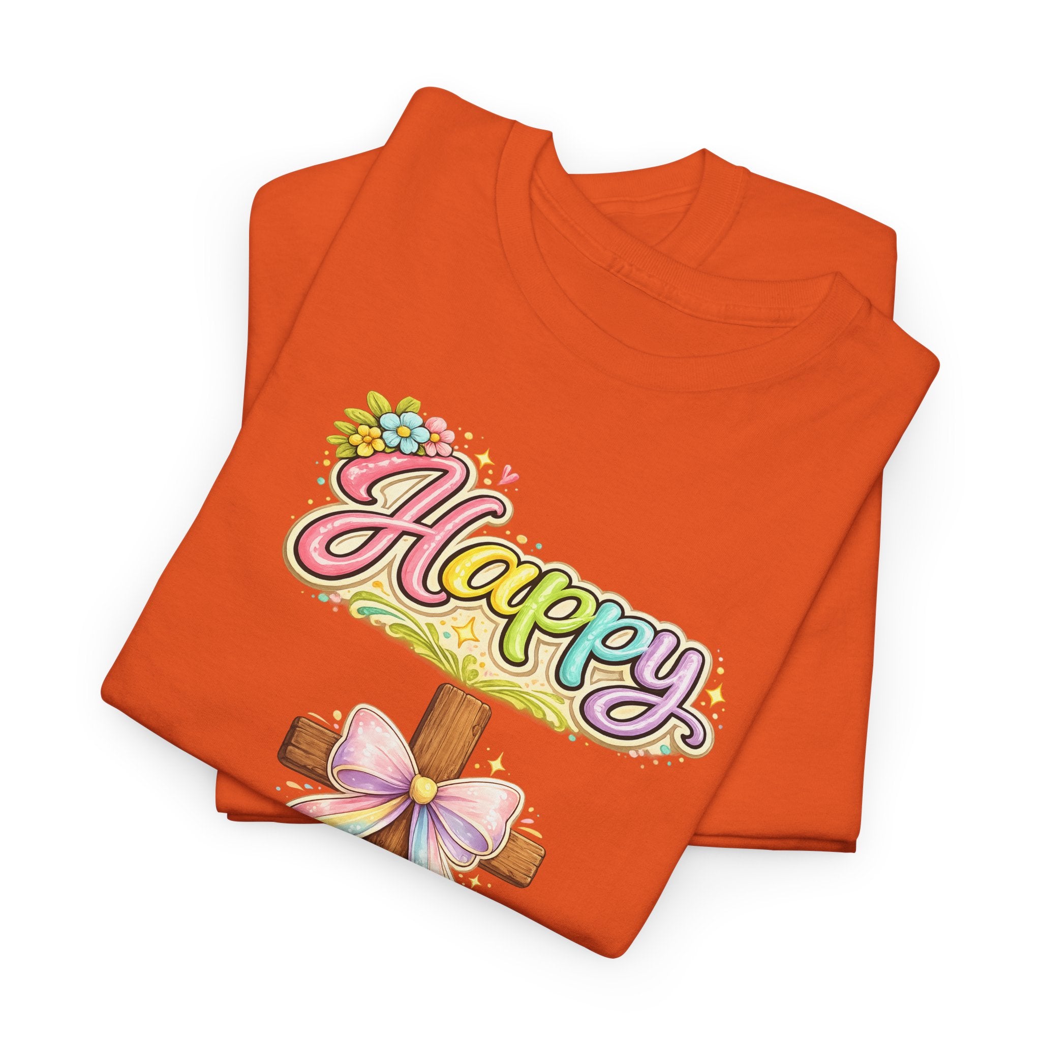 Easter Cross T-Shirt – "Happy Easter" Pastel Floral Holiday Tee