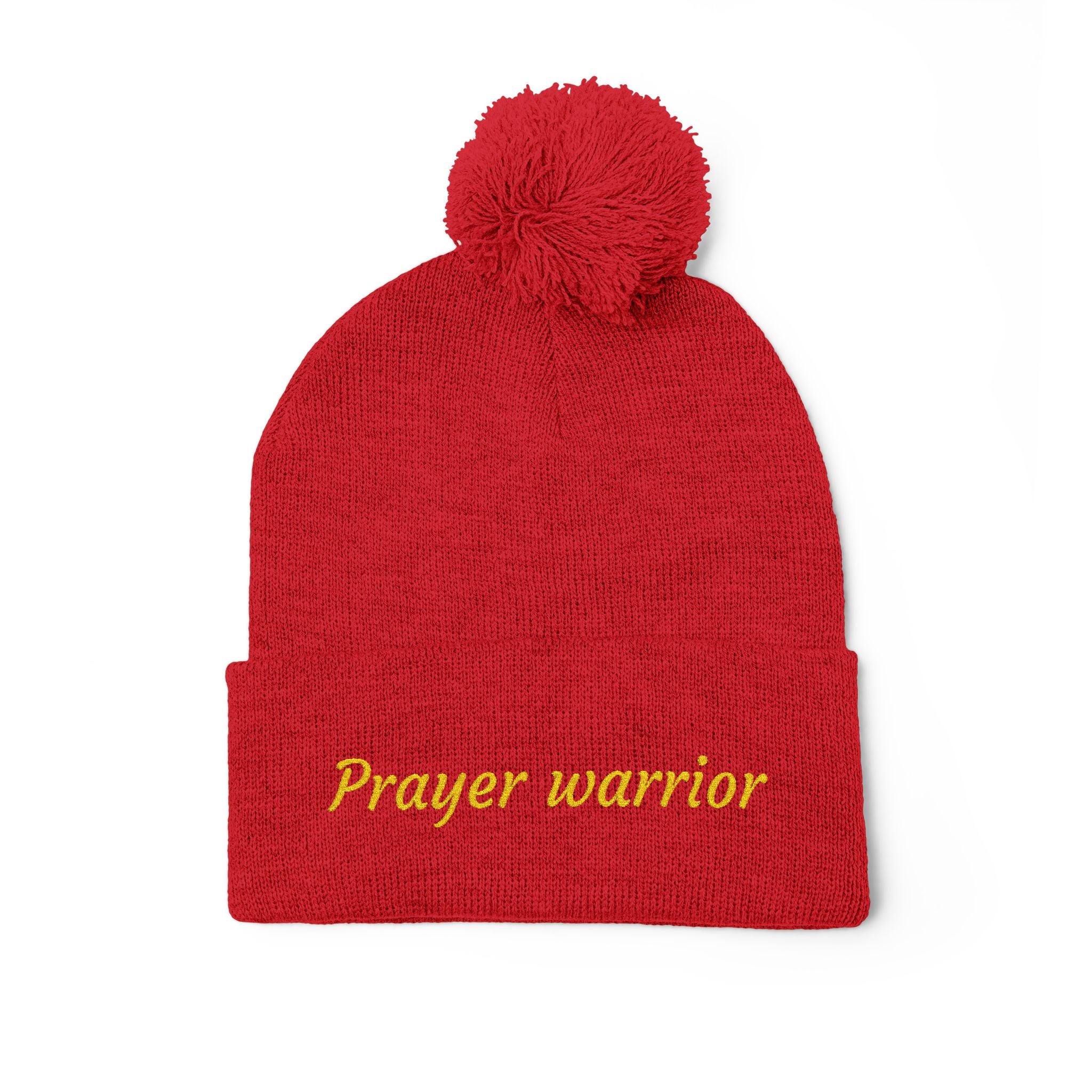 Prayer Warrior Pom-Pom Knit Cap — Embroidered Beanie Hat