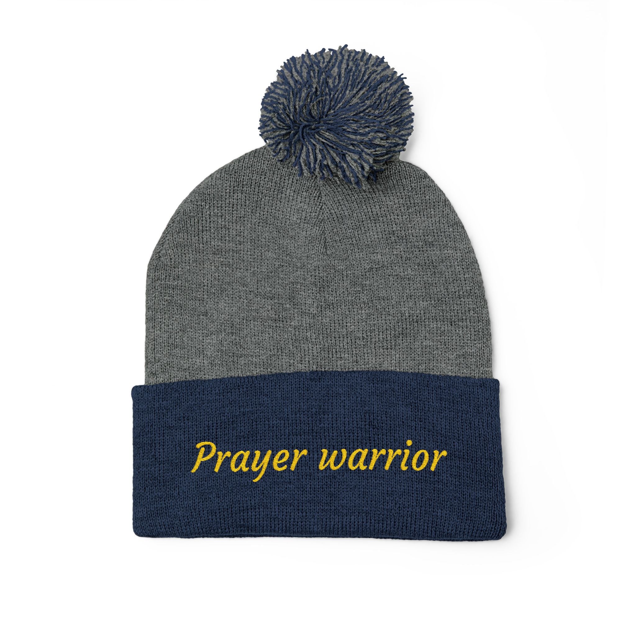 Prayer Warrior Pom-Pom Knit Cap — Embroidered Beanie Hat