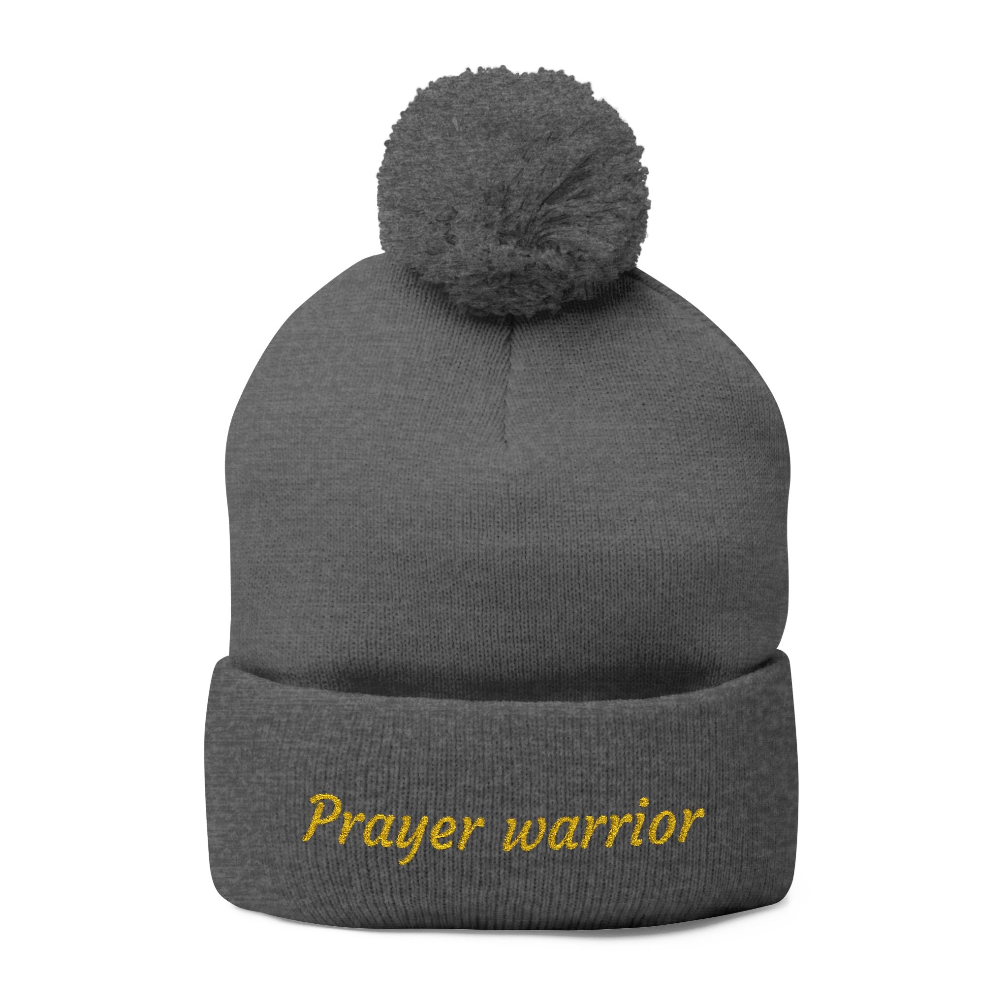 Prayer Warrior Pom-Pom Knit Cap — Embroidered Beanie Hat