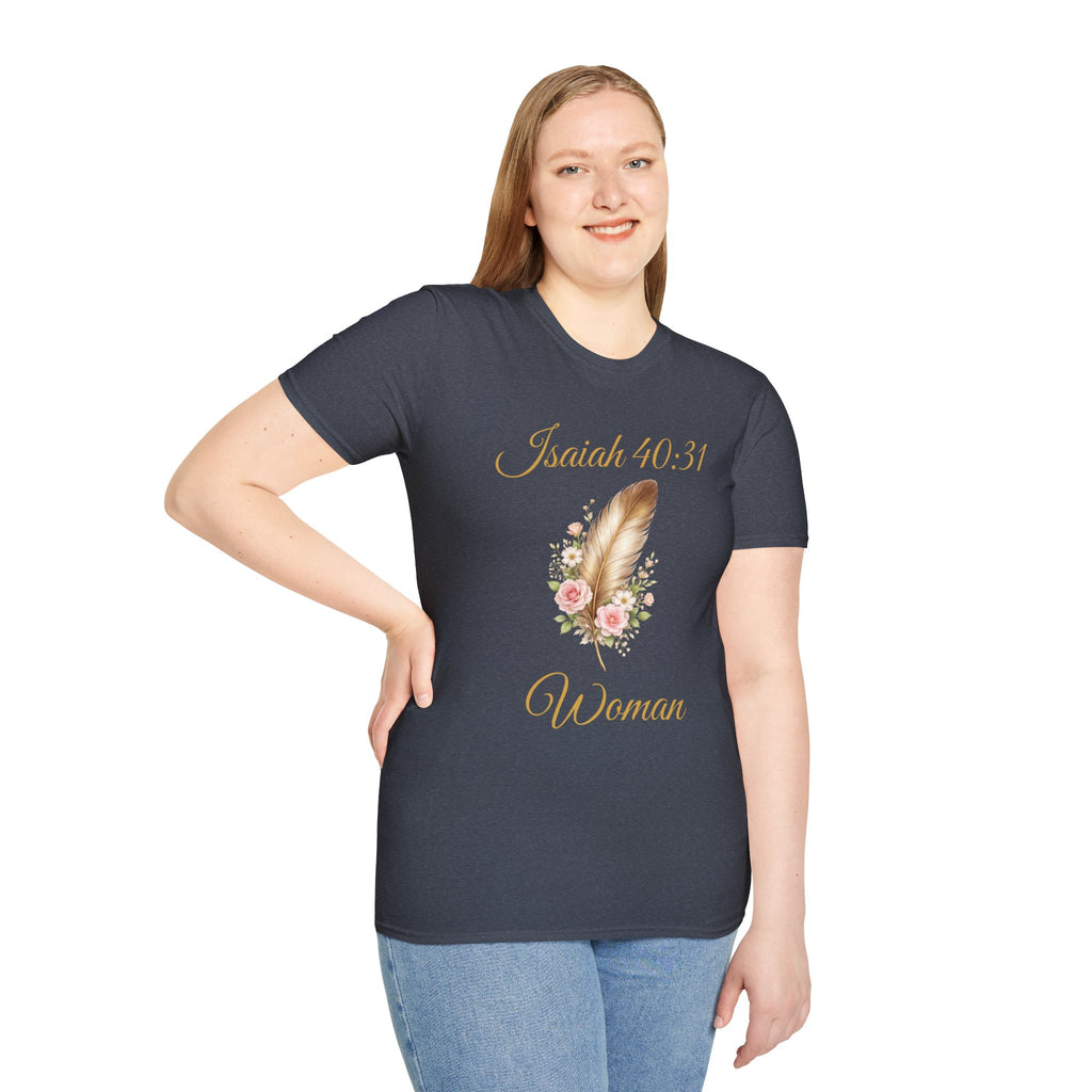 Isaiah 40:31 Woman T-Shirt — Feather & Floral Christian Faith Tee