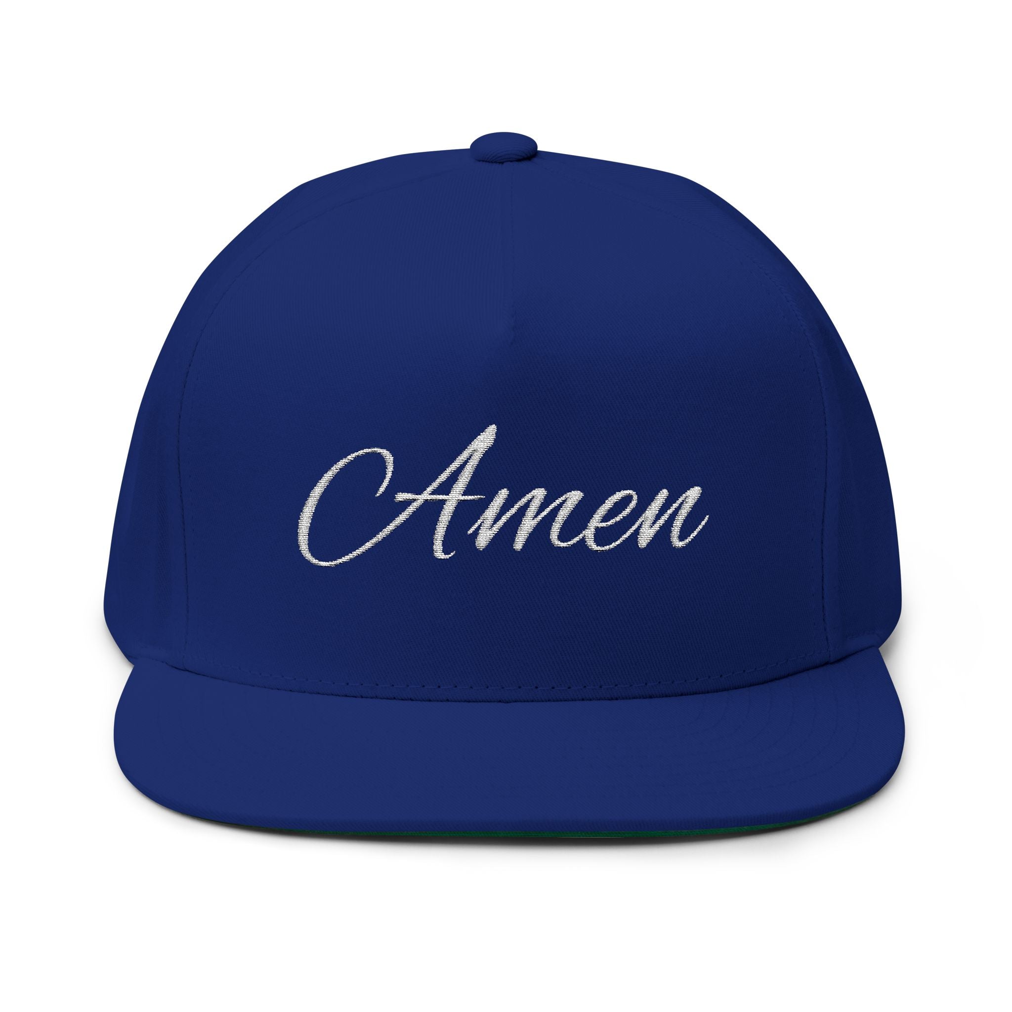 Amen Embroidered Flat Bill Cap — Religious Script Snapback Hat