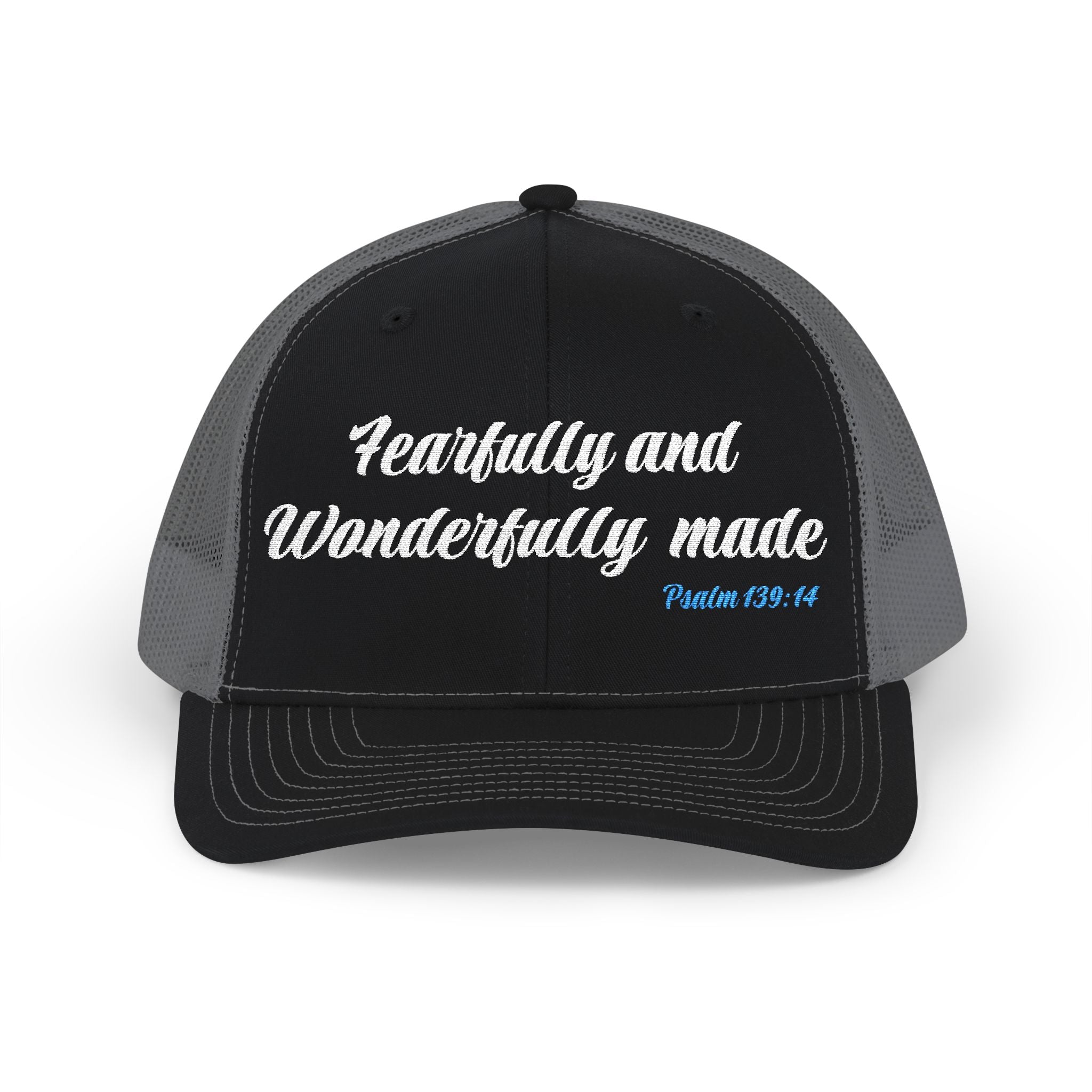 Embroidered 'Fearfully and Wonderfully Made' Snapback Trucker Cap — Christian Scripture Hat (Psalm 139:14)