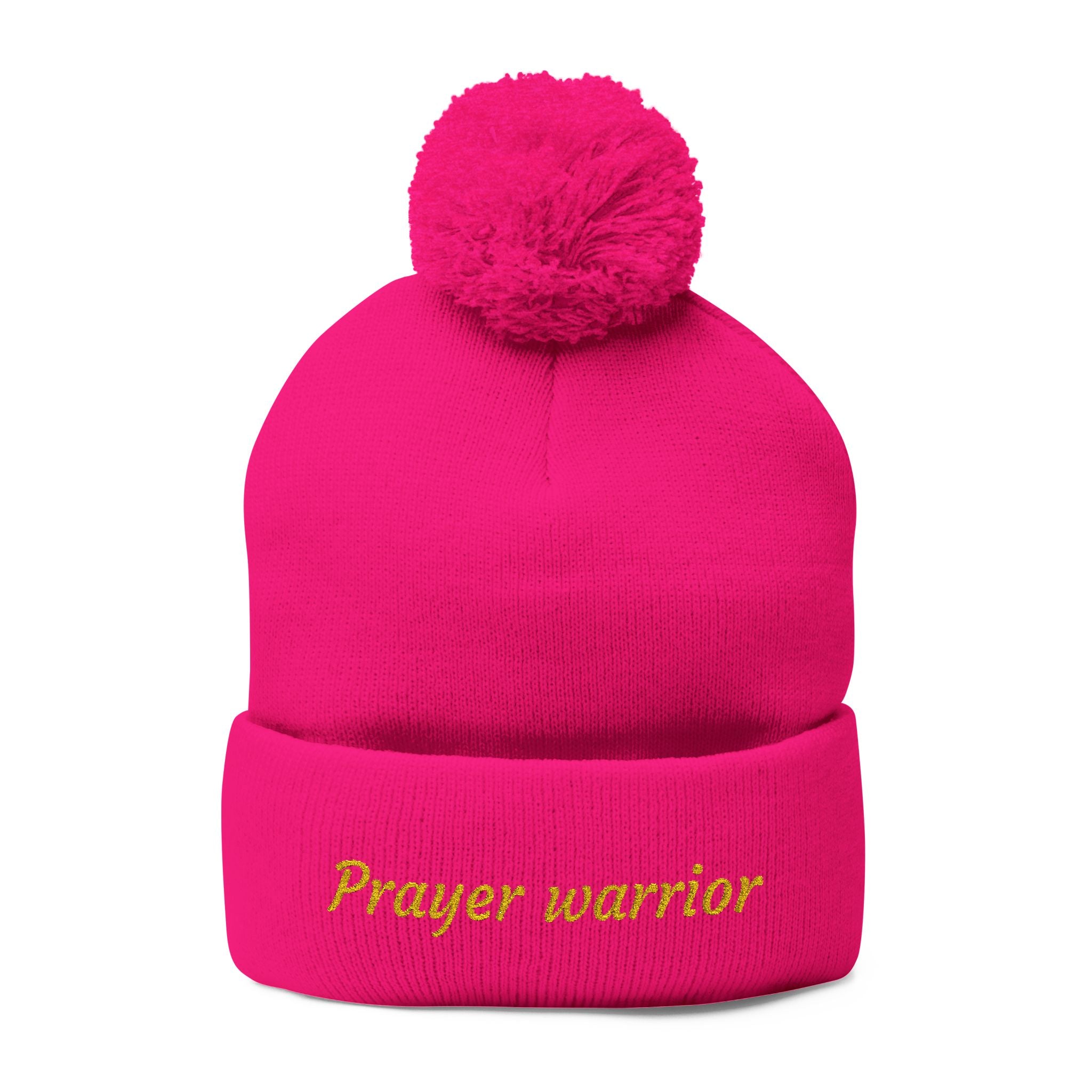 Prayer Warrior Pom-Pom Knit Cap — Embroidered Beanie Hat