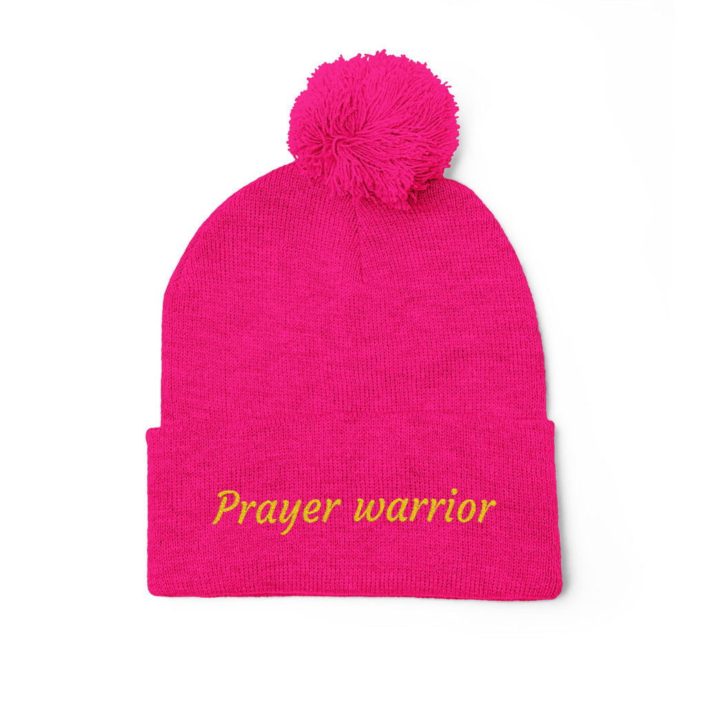Prayer Warrior Pom-Pom Knit Cap — Embroidered Beanie Hat