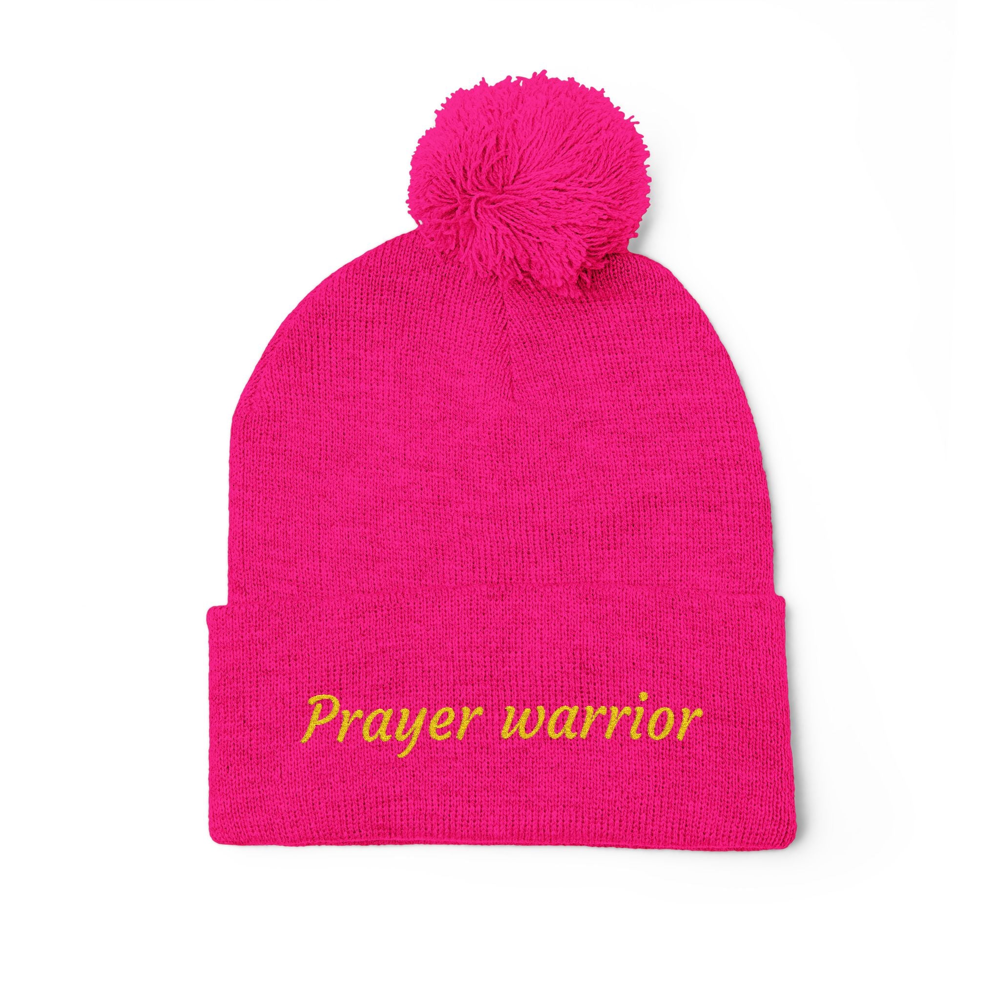 Prayer Warrior Pom-Pom Knit Cap — Embroidered Beanie Hat