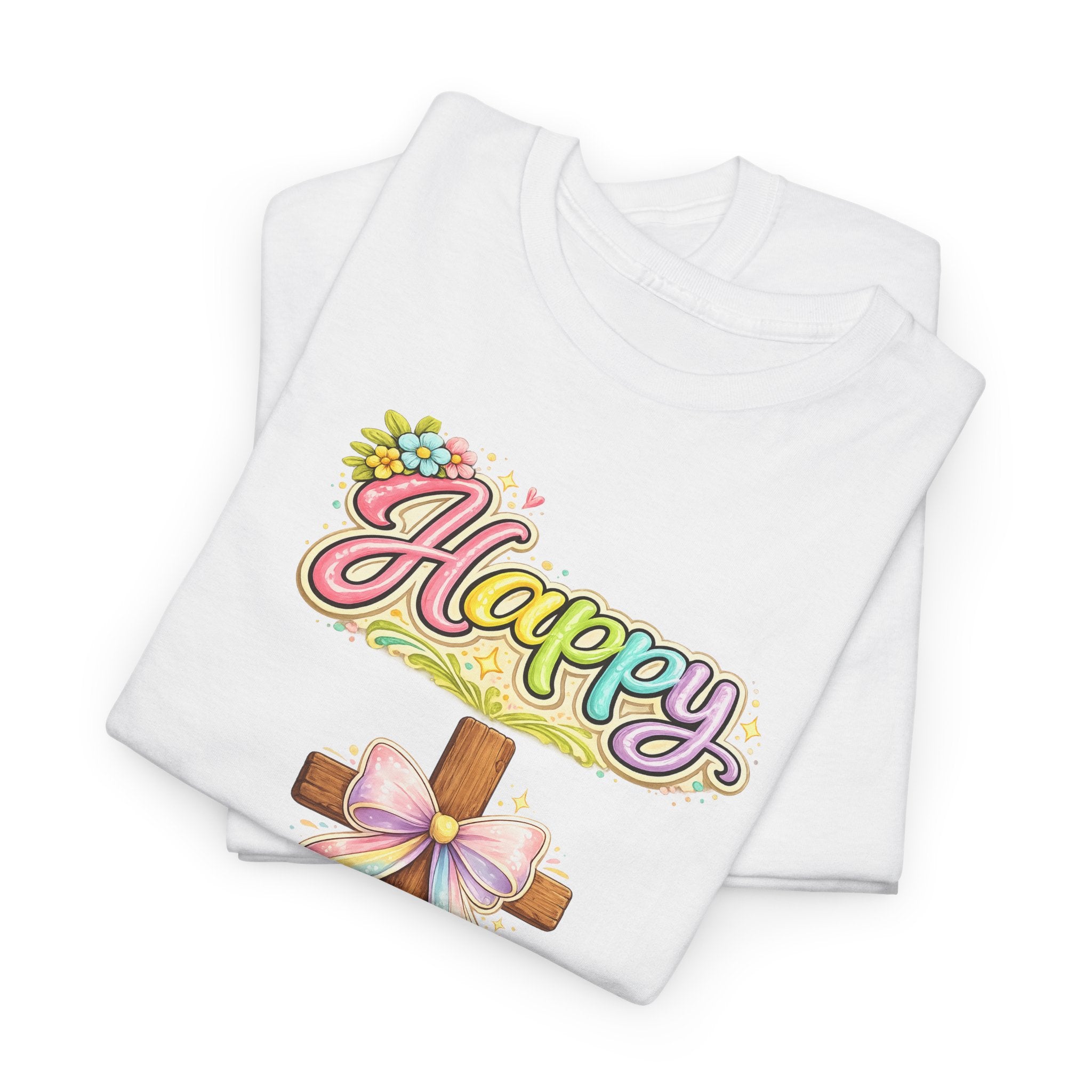 Easter Cross T-Shirt – "Happy Easter" Pastel Floral Holiday Tee