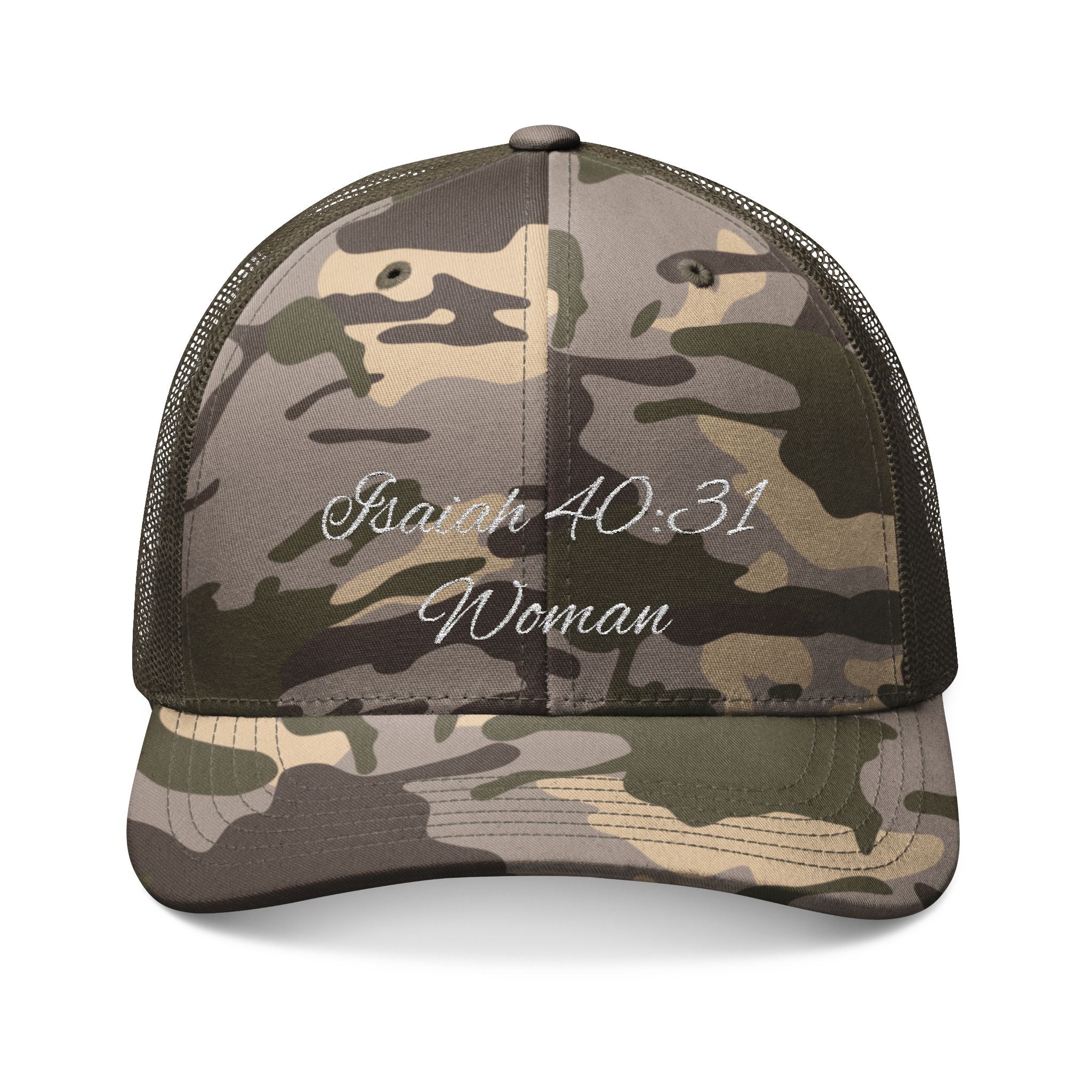 Camo Trucker Hat — "Isaiah 40:31 Woman" Embroidered Cap
