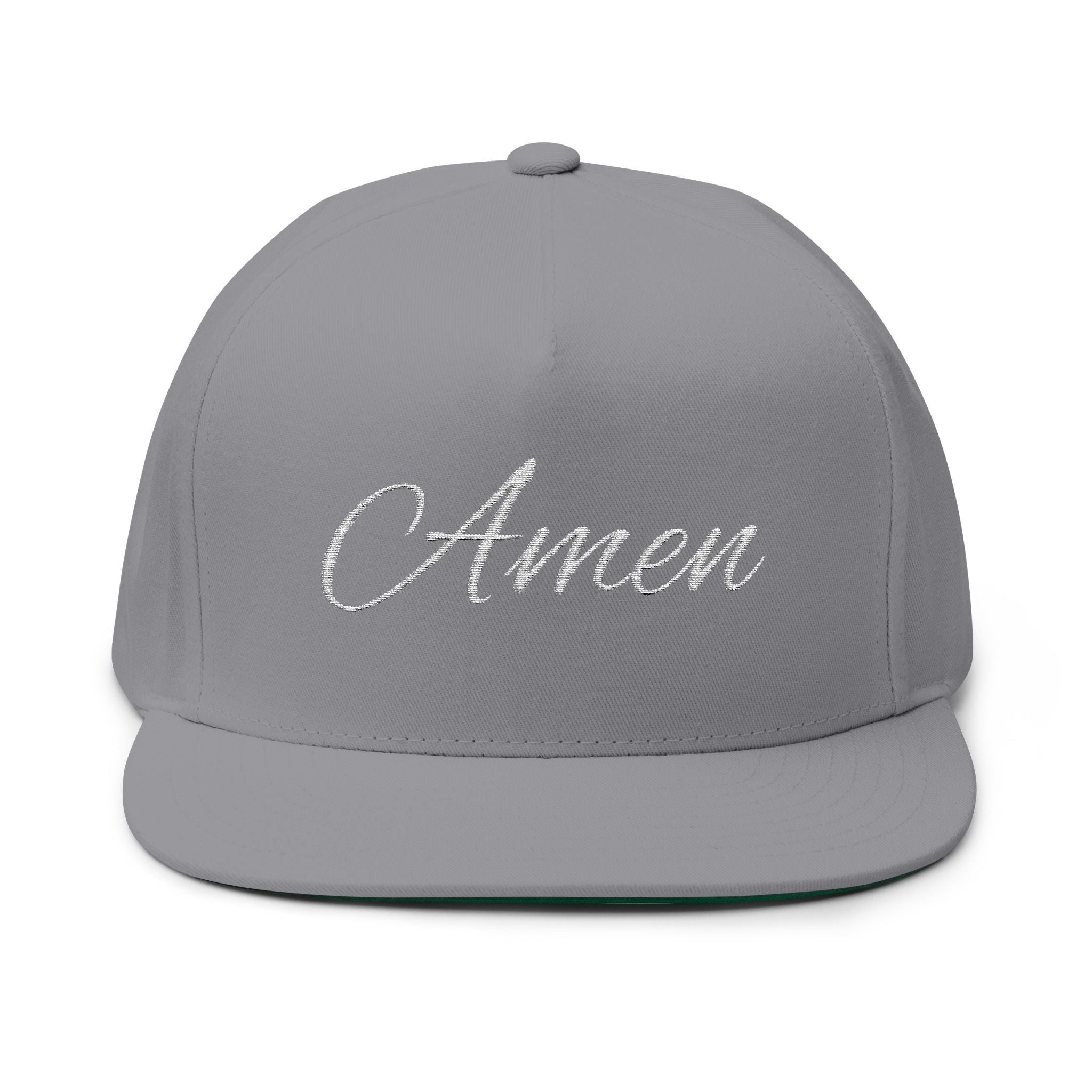 Amen Embroidered Flat Bill Cap — Religious Script Snapback Hat