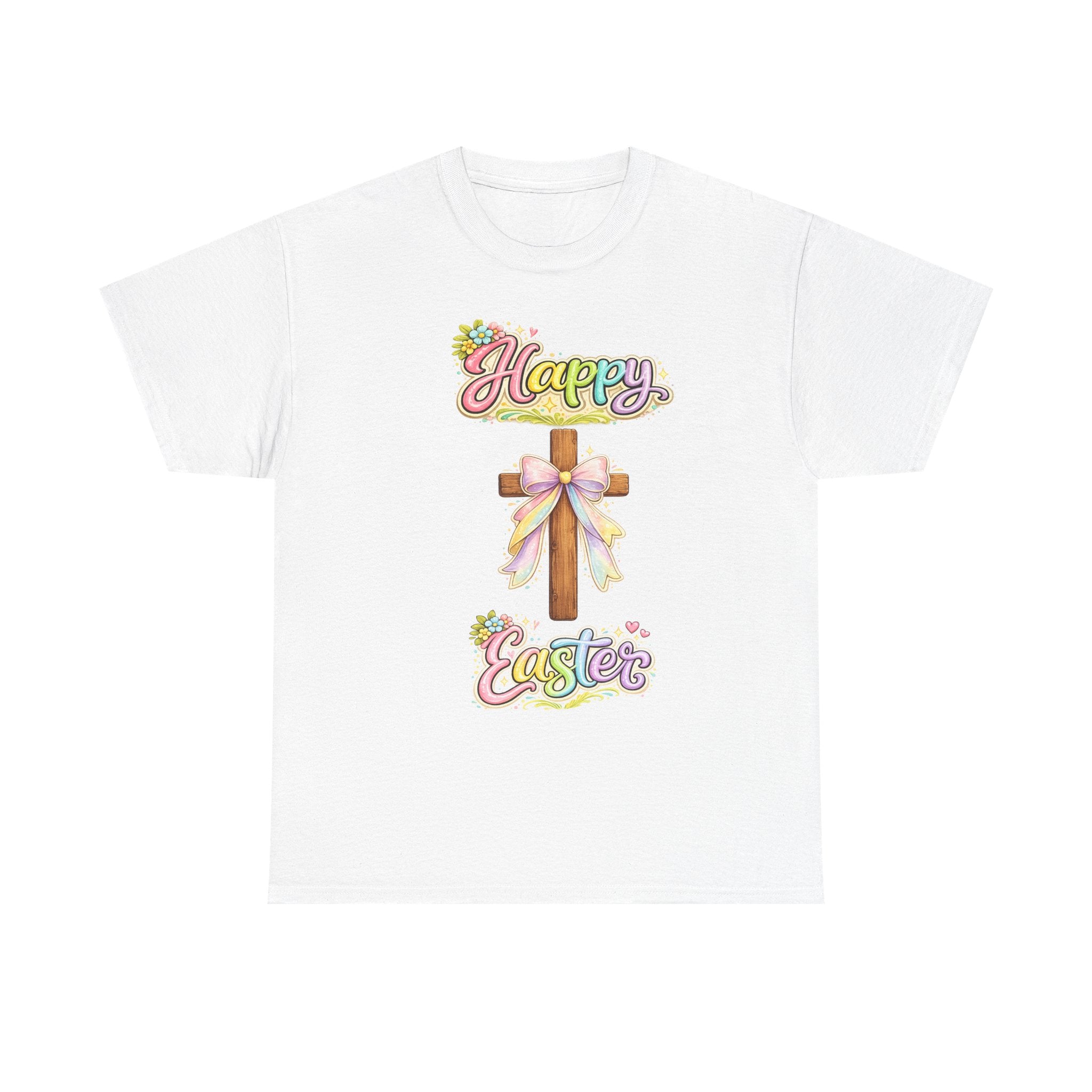 Easter Cross T-Shirt – "Happy Easter" Pastel Floral Holiday Tee