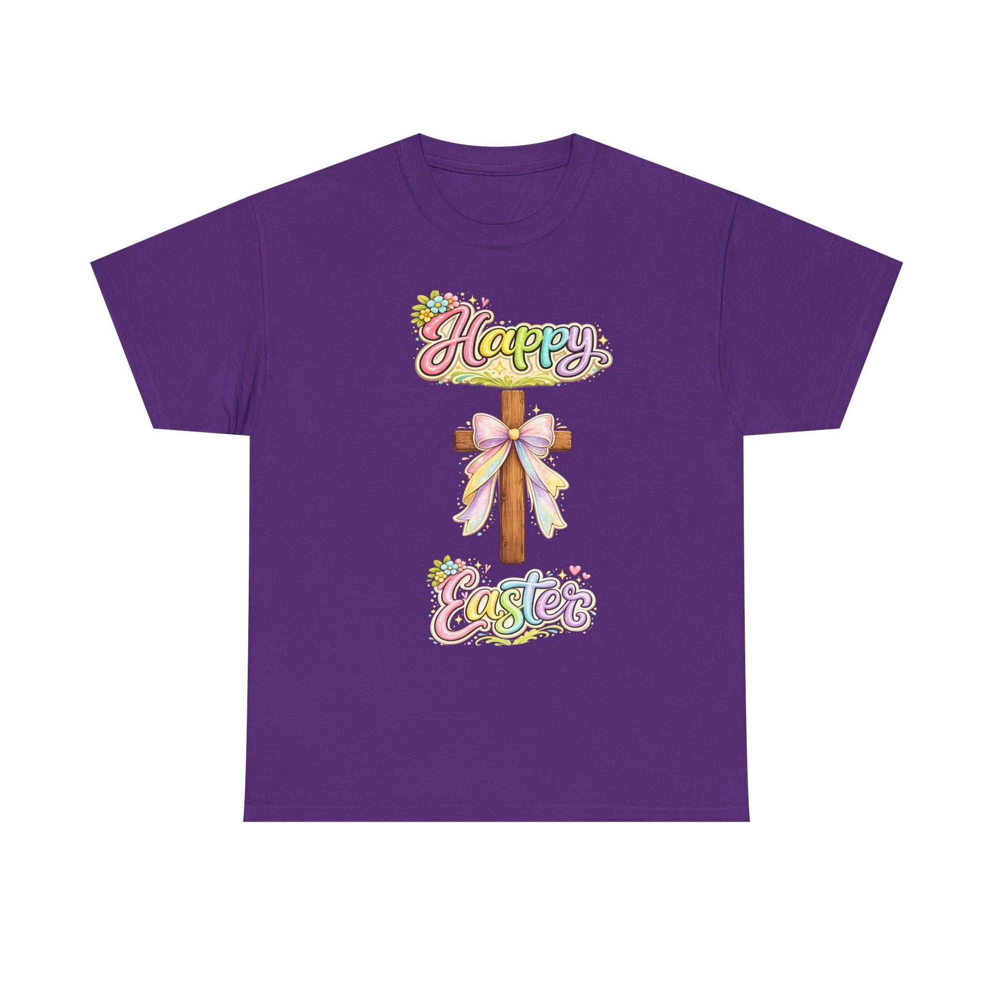 Easter Cross T-Shirt – "Happy Easter" Pastel Floral Holiday Tee