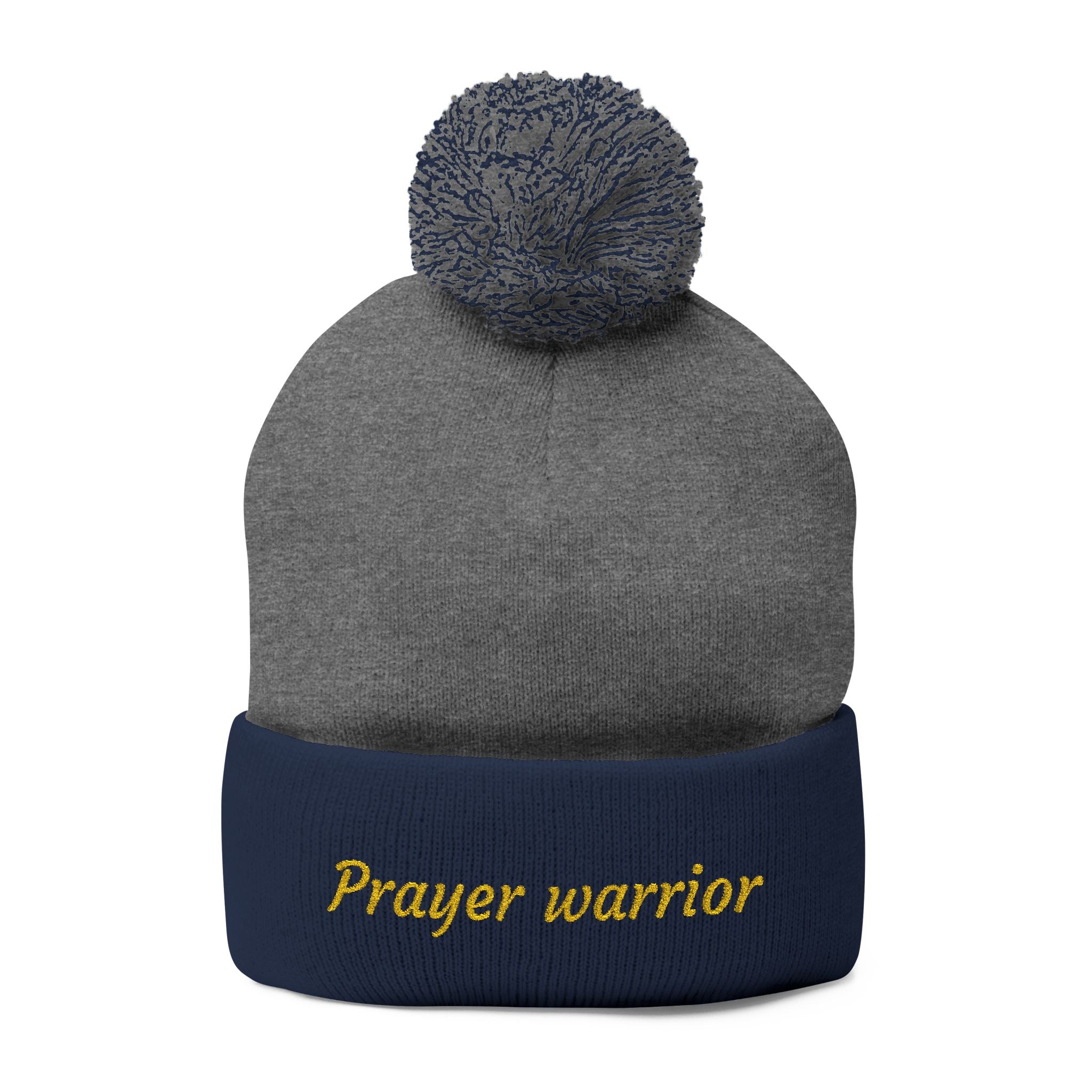 Prayer Warrior Pom-Pom Knit Cap — Embroidered Beanie Hat