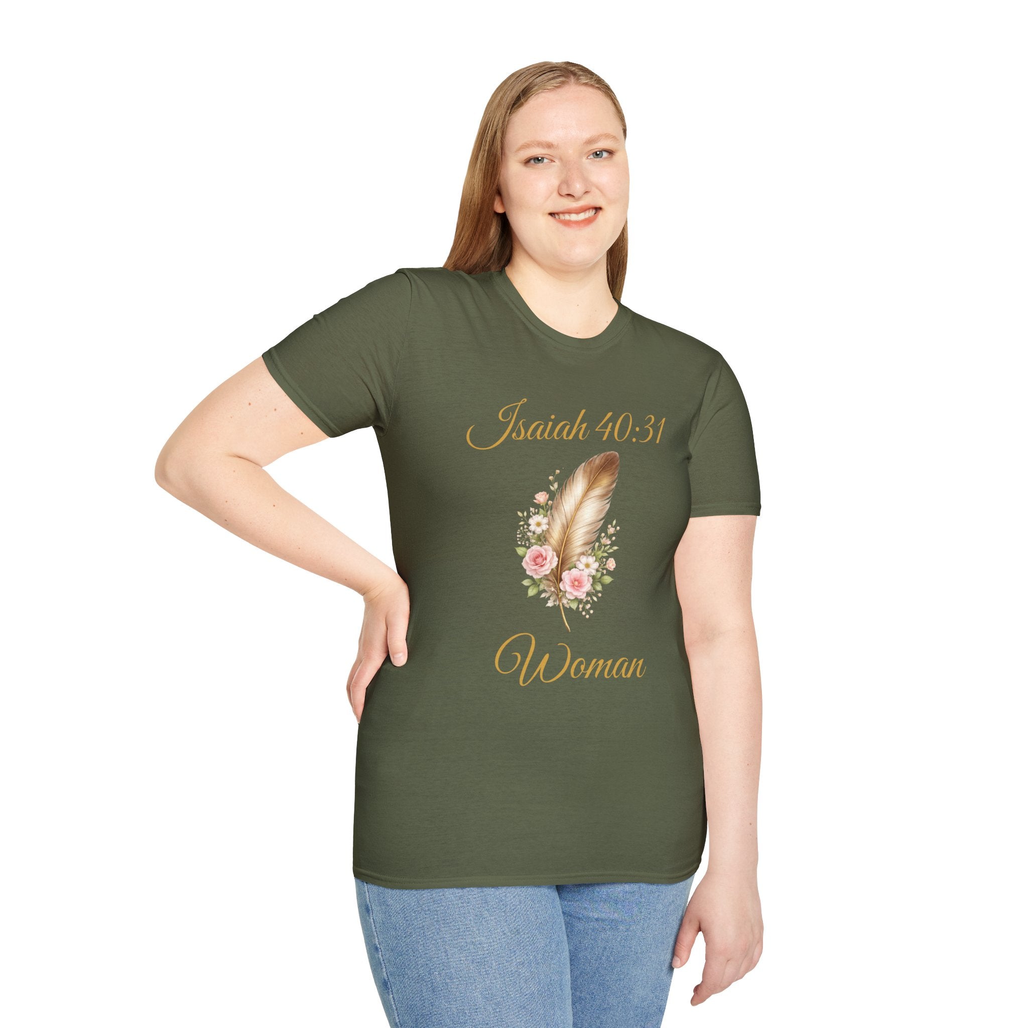 Isaiah 40:31 Woman T-Shirt — Feather & Floral Christian Faith Tee