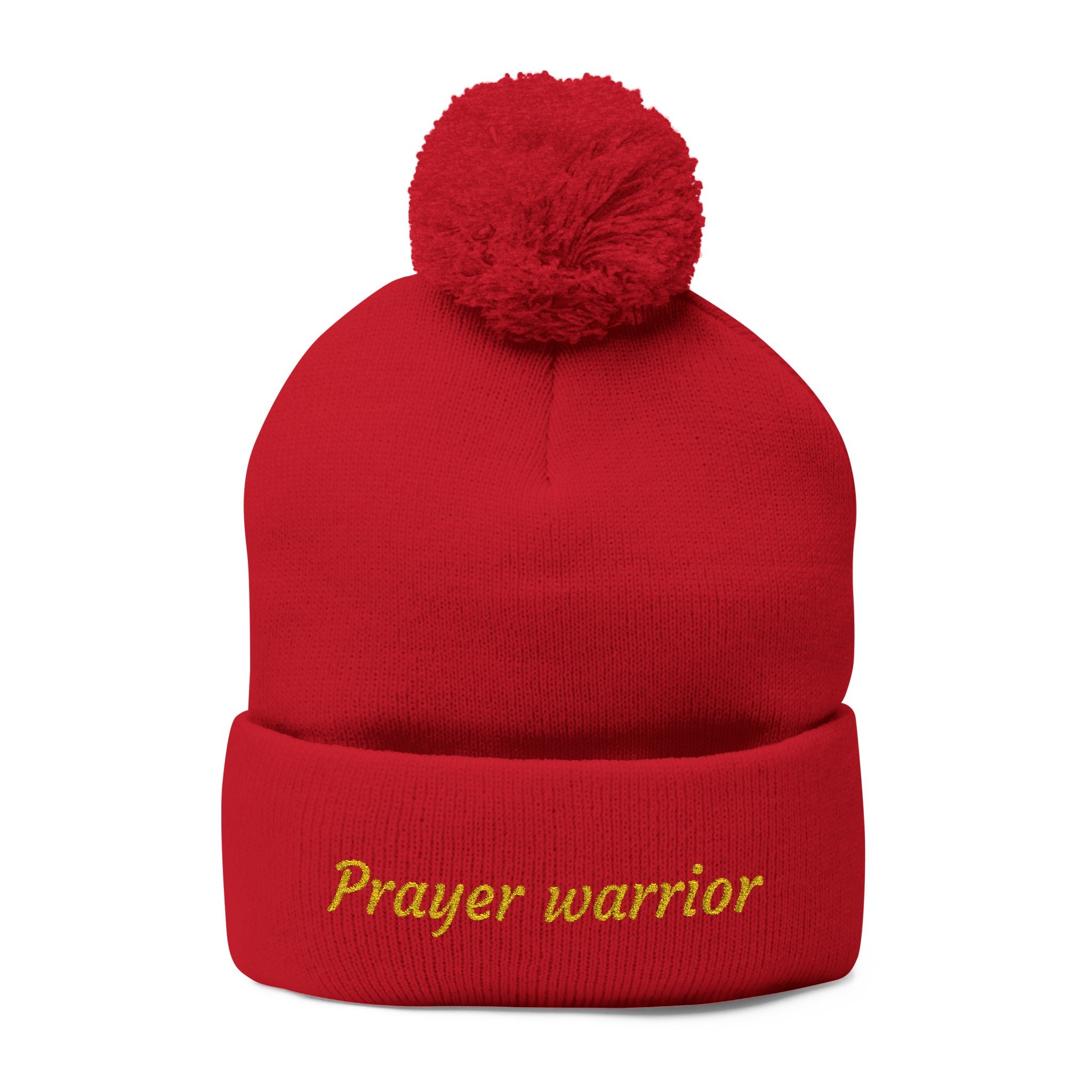 Prayer Warrior Pom-Pom Knit Cap — Embroidered Beanie Hat