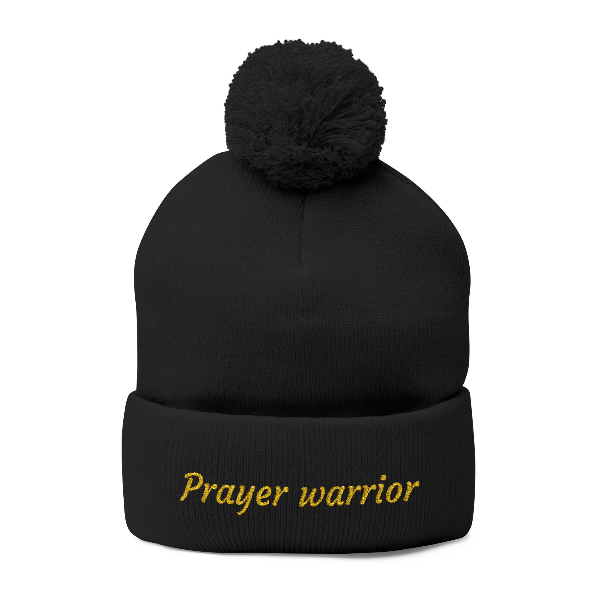 Prayer Warrior Pom-Pom Knit Cap — Embroidered Beanie Hat
