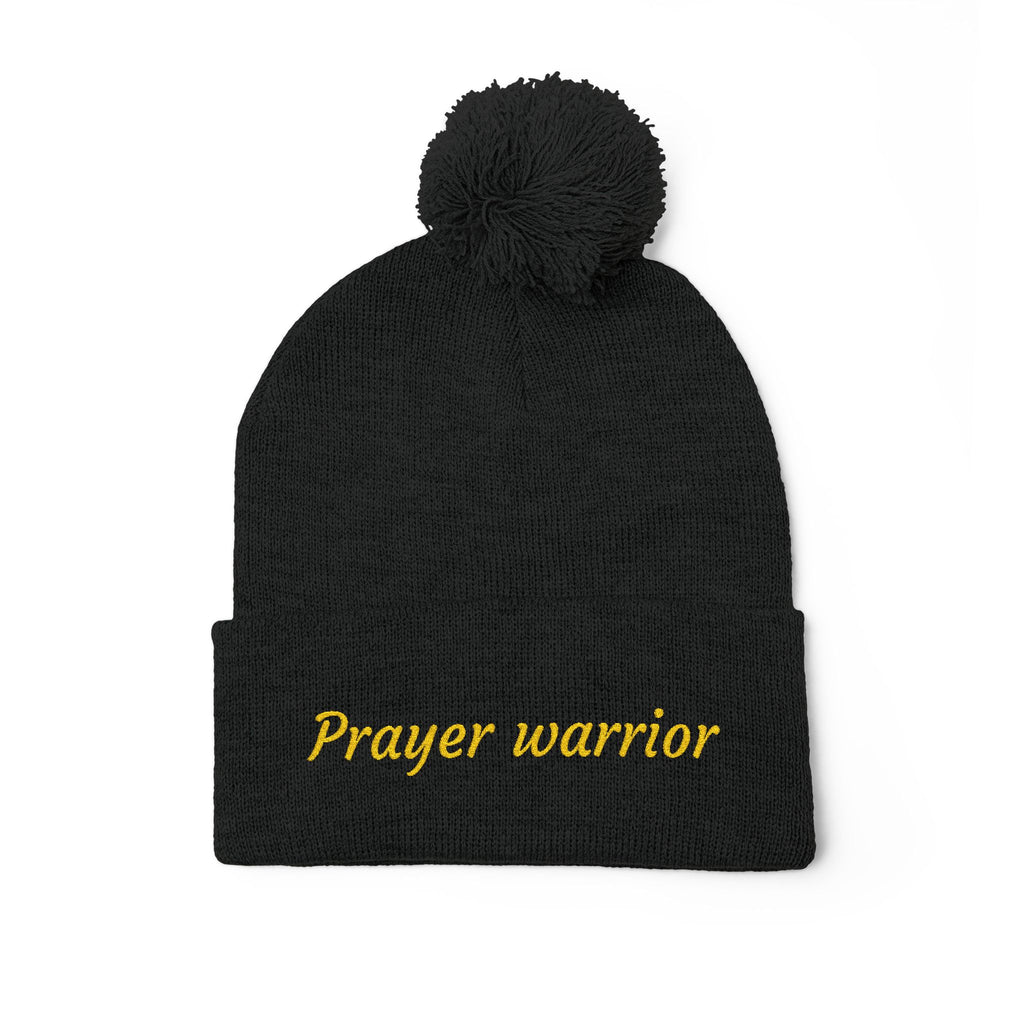Prayer Warrior Pom-Pom Knit Cap — Embroidered Beanie Hat