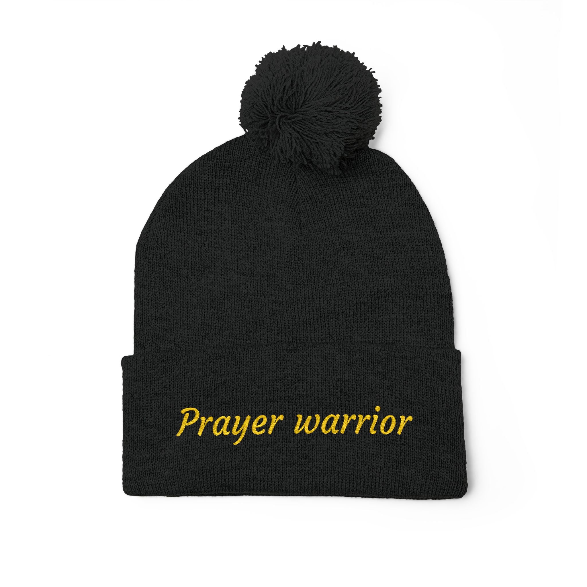 Prayer Warrior Pom-Pom Knit Cap — Embroidered Beanie Hat