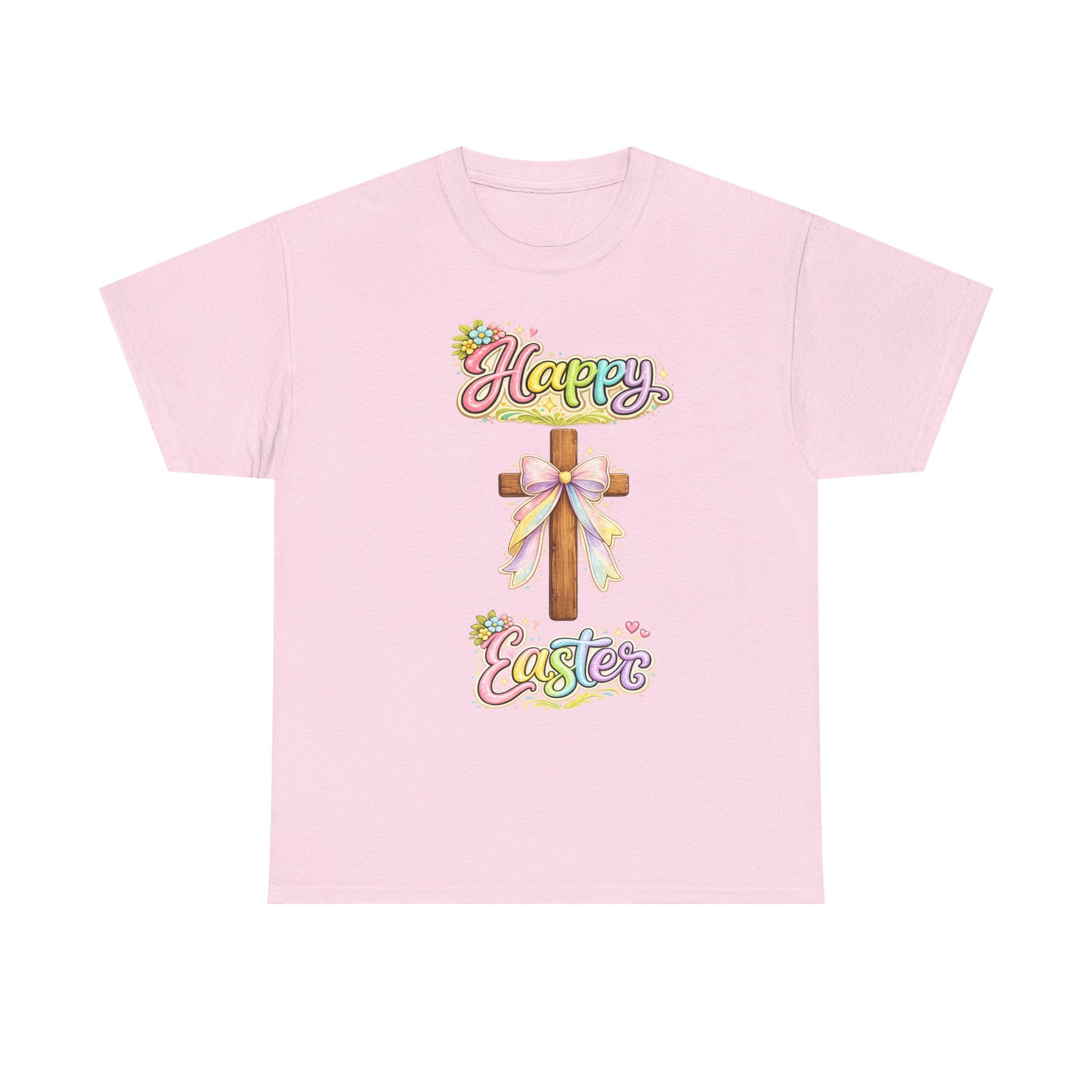 Easter Cross T-Shirt – "Happy Easter" Pastel Floral Holiday Tee