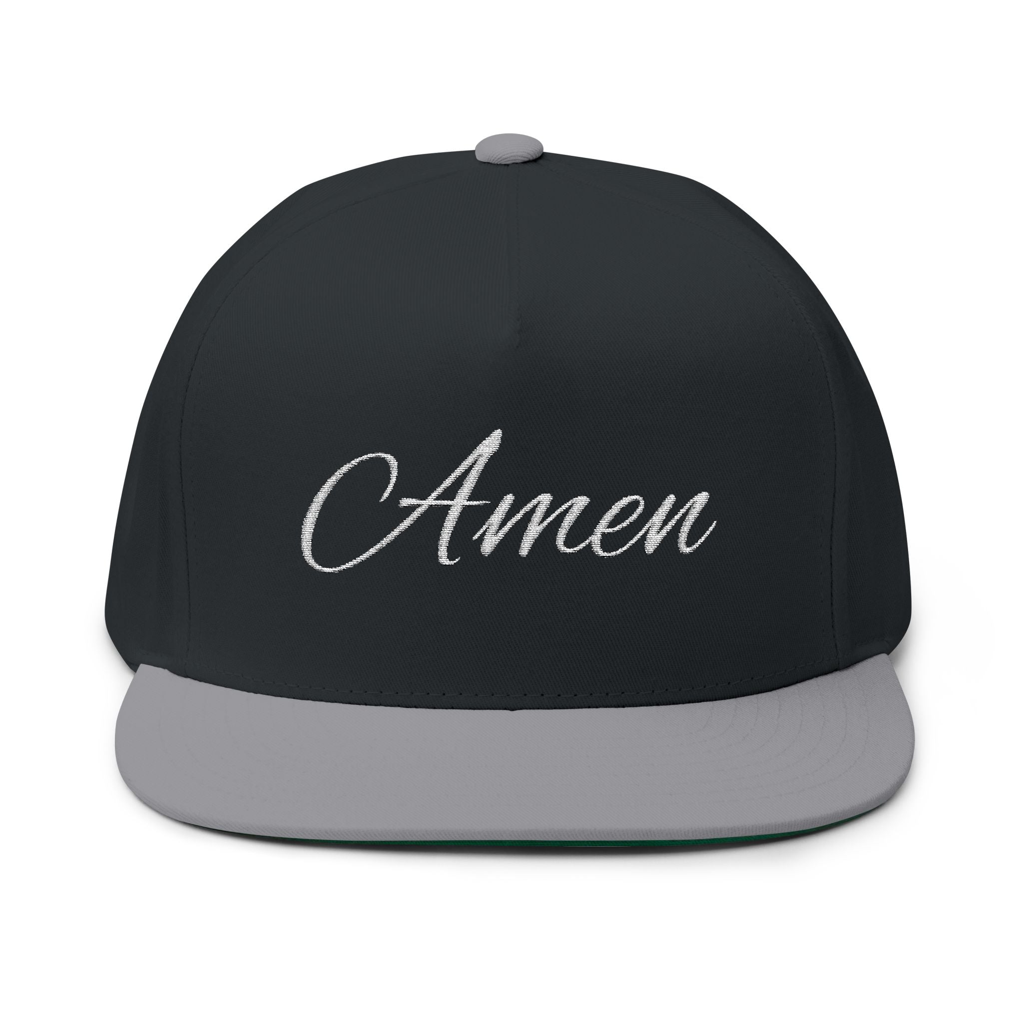 Amen Embroidered Flat Bill Cap — Religious Script Snapback Hat