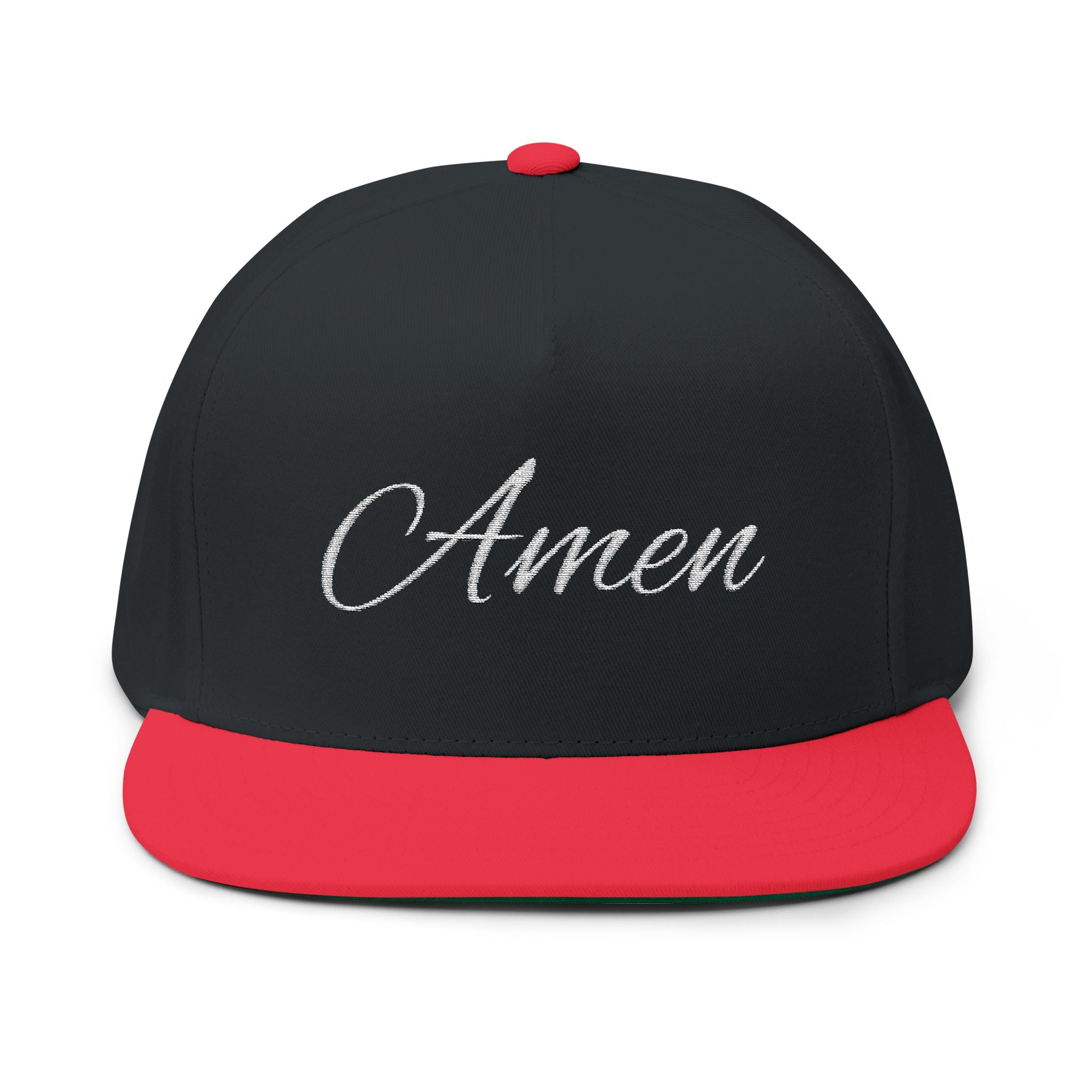 Amen Embroidered Flat Bill Cap — Religious Script Snapback Hat