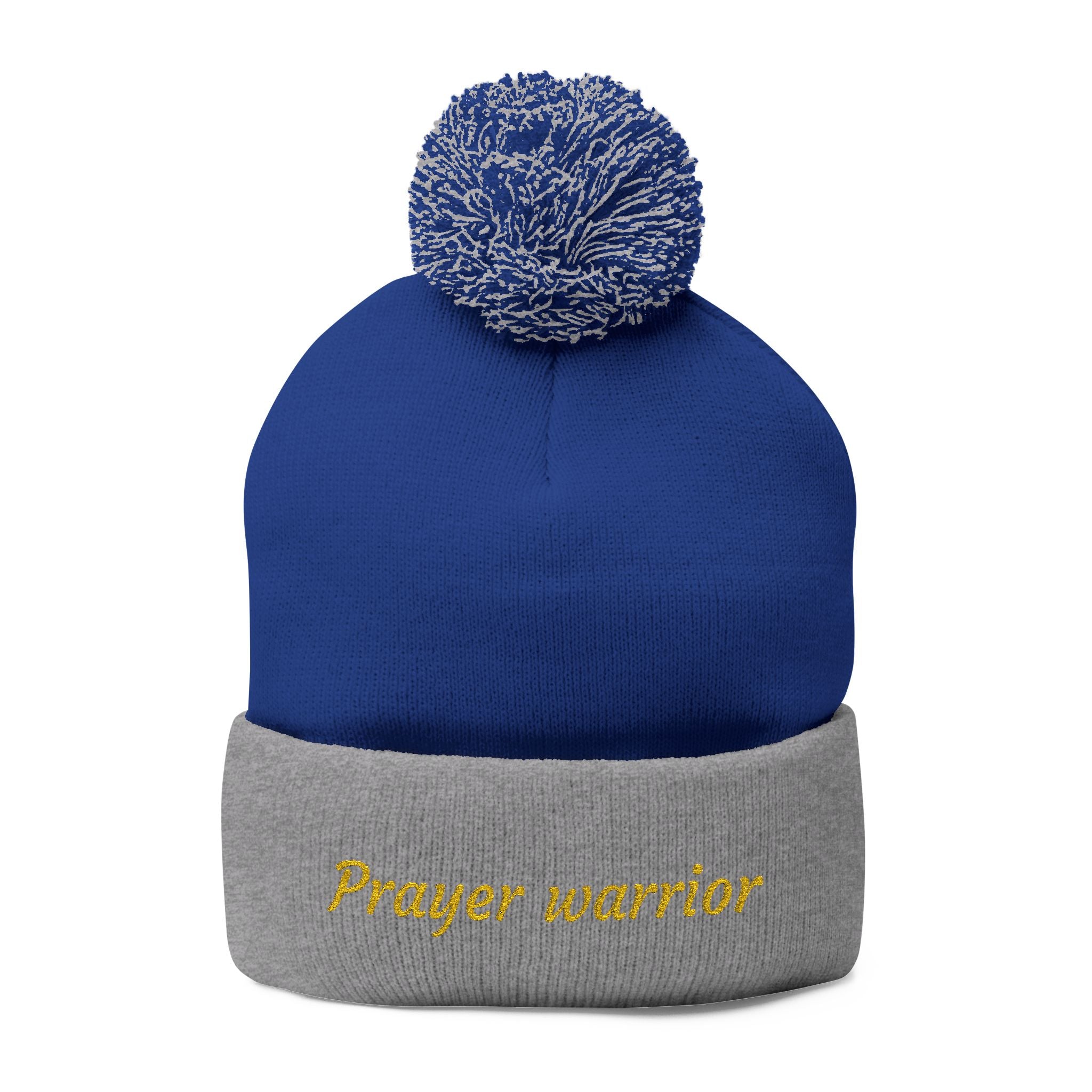 Prayer Warrior Pom-Pom Knit Cap — Embroidered Beanie Hat