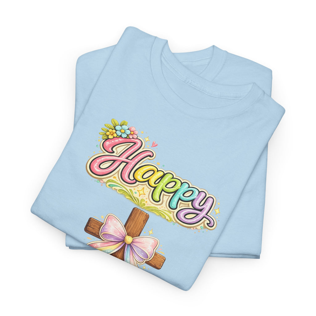 Easter Cross T-Shirt – "Happy Easter" Pastel Floral Holiday Tee