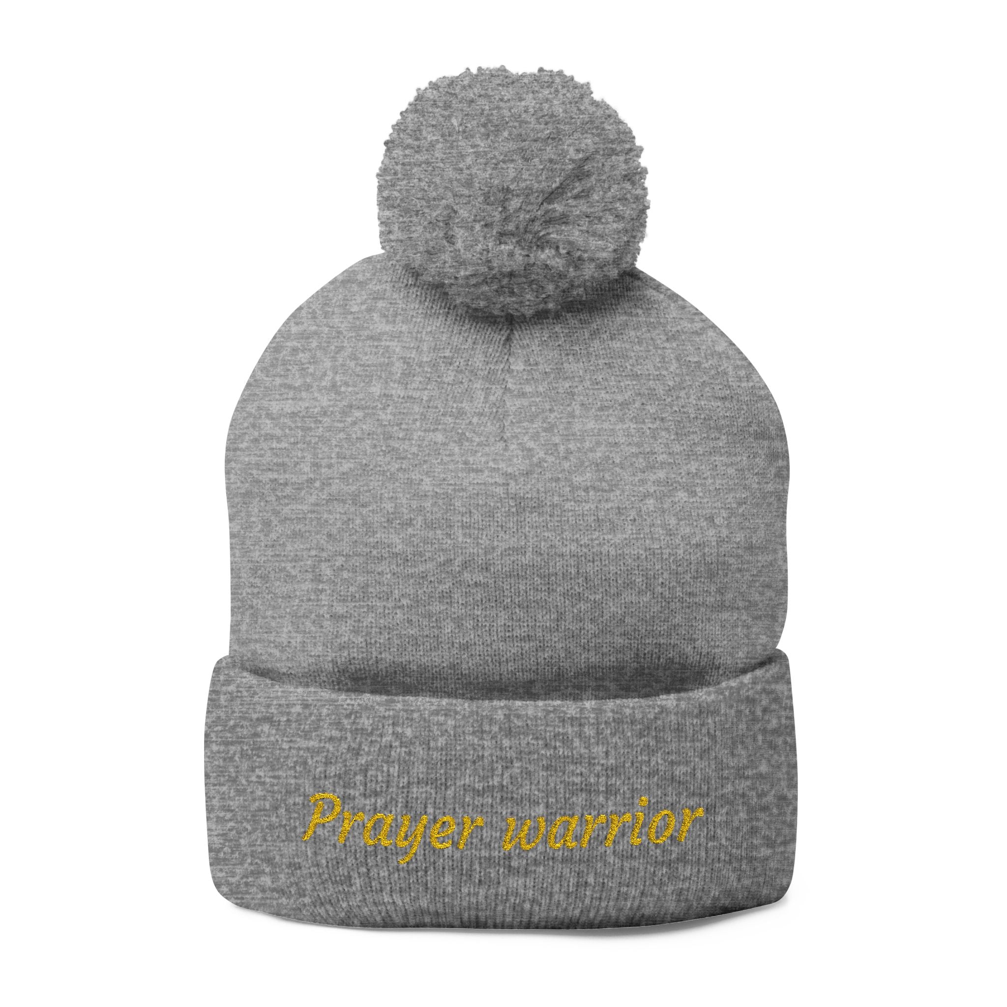 Prayer Warrior Pom-Pom Knit Cap — Embroidered Beanie Hat