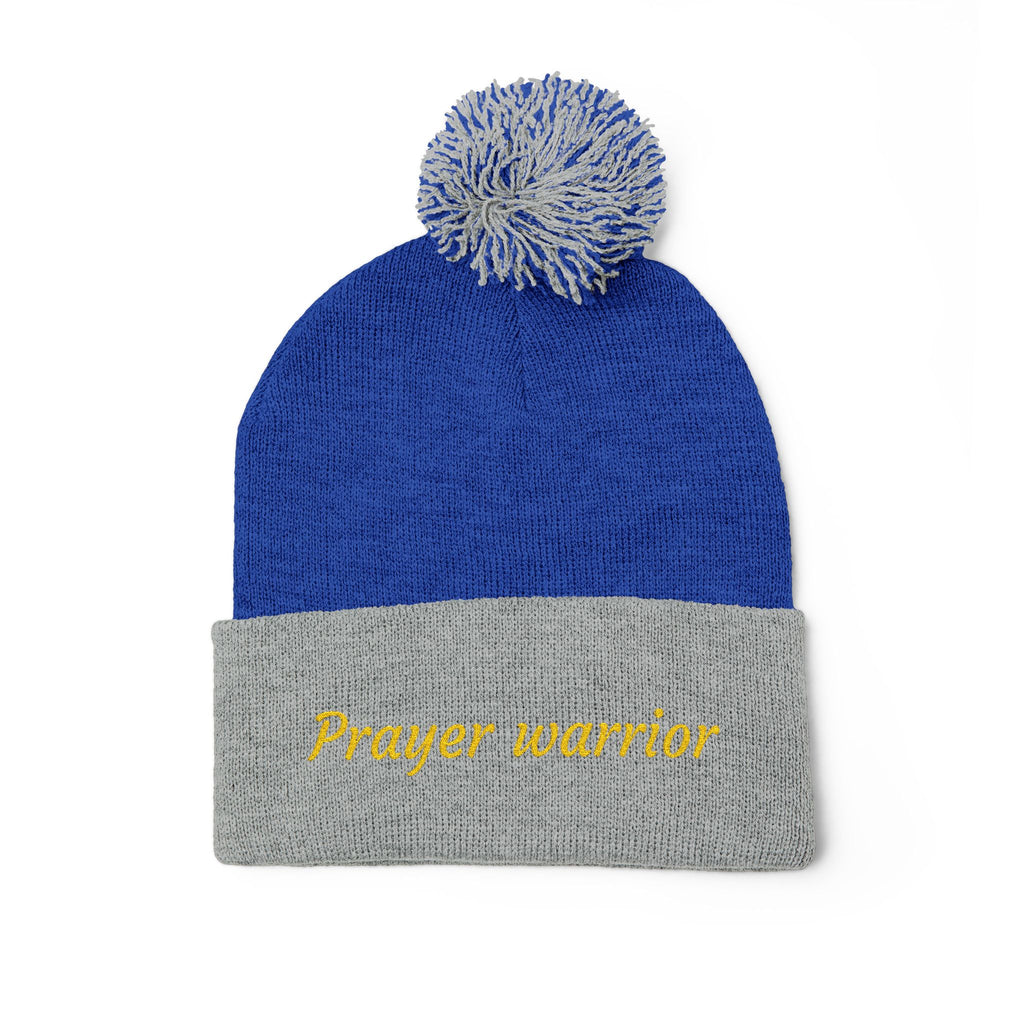 Prayer Warrior Pom-Pom Knit Cap — Embroidered Beanie Hat
