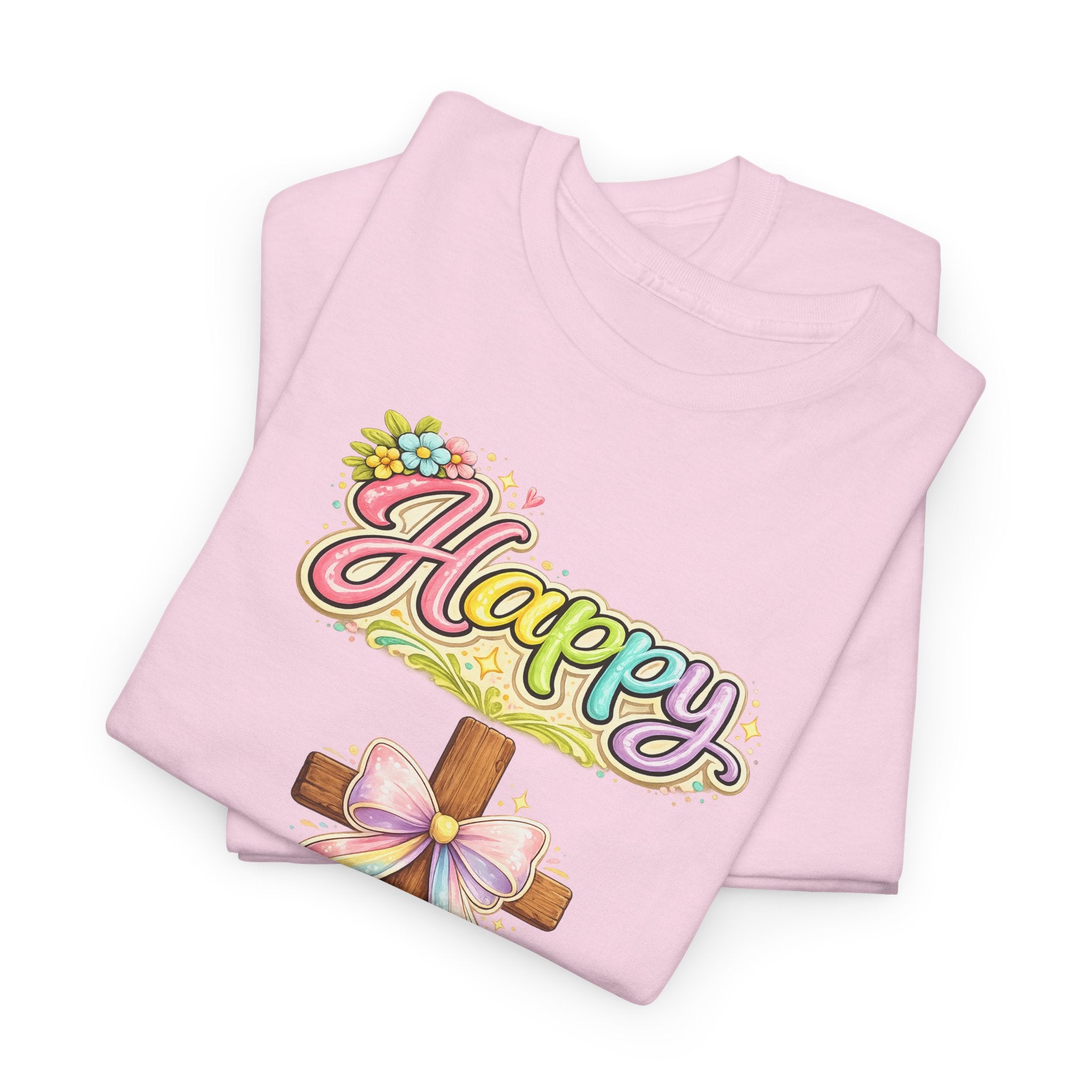 Easter Cross T-Shirt – "Happy Easter" Pastel Floral Holiday Tee