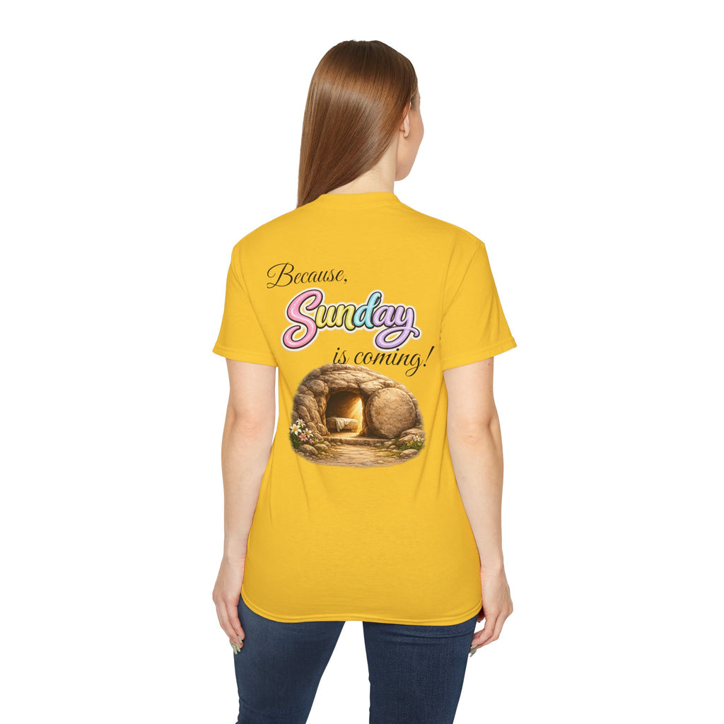 Friday Is Good Cross T‑Shirt — "Because Sunday Is Coming" Easter Christian Tee