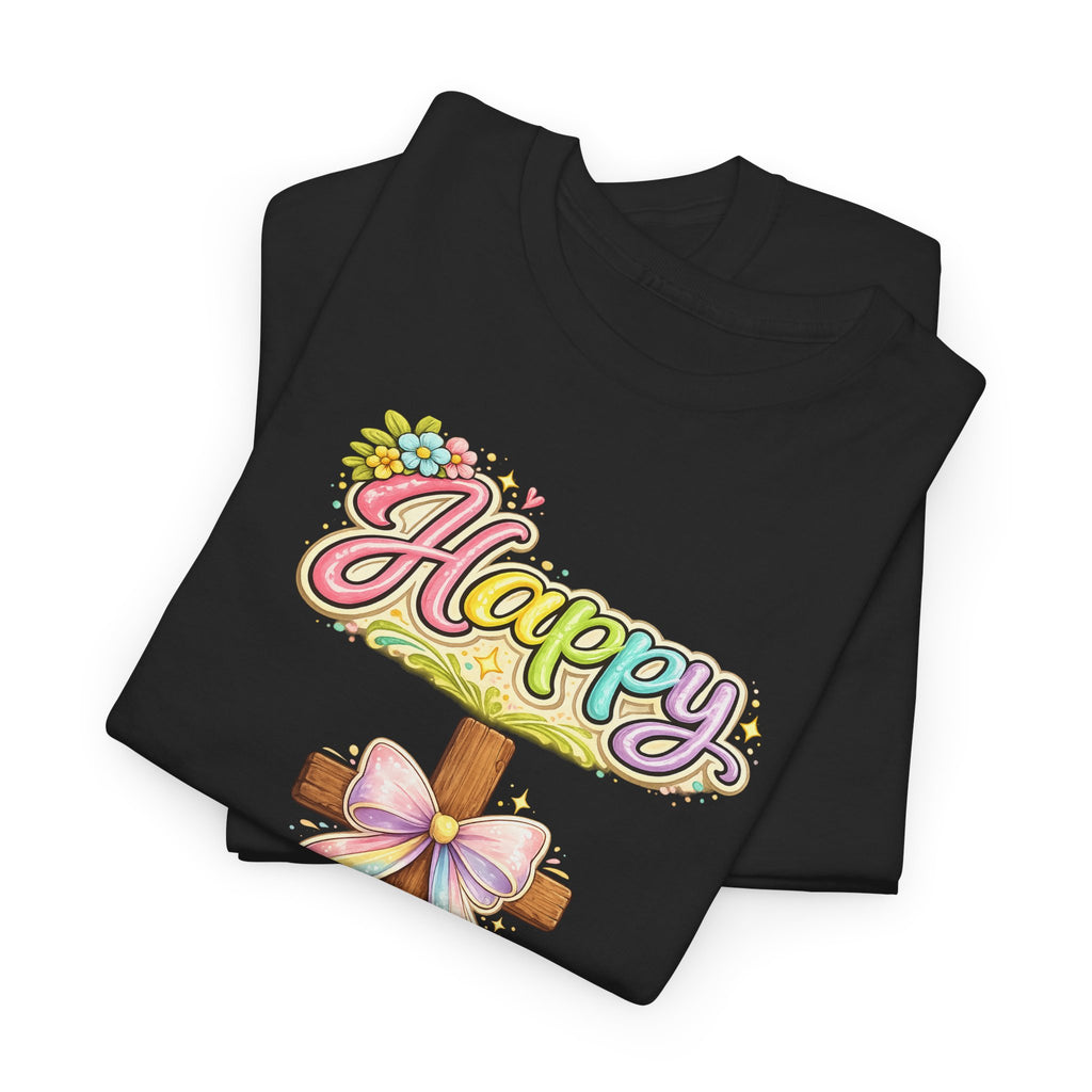 Easter Cross T-Shirt – "Happy Easter" Pastel Floral Holiday Tee