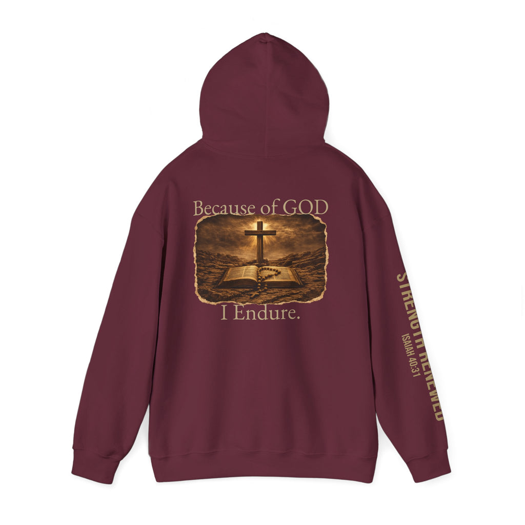 Christian Hoodie — "Because God I Endure" Cross & Bible Faith Pullover