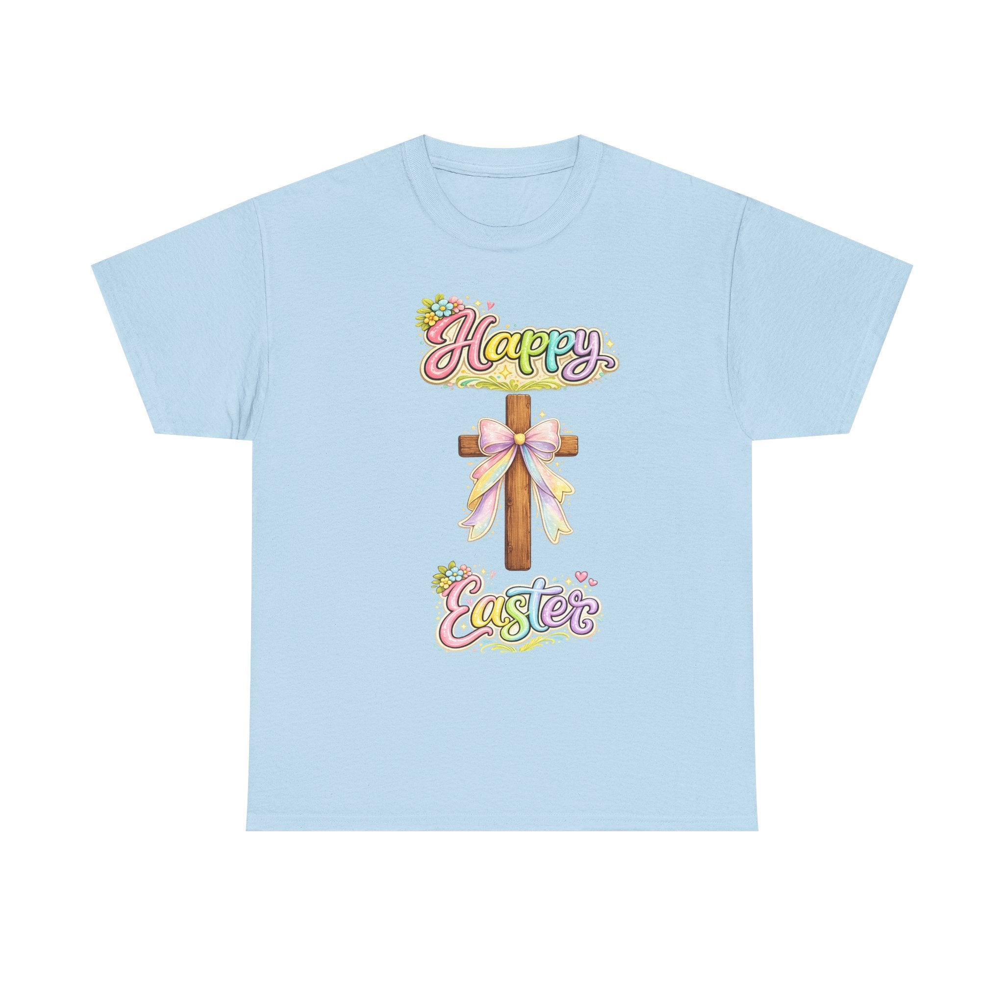 Easter Cross T-Shirt – "Happy Easter" Pastel Floral Holiday Tee