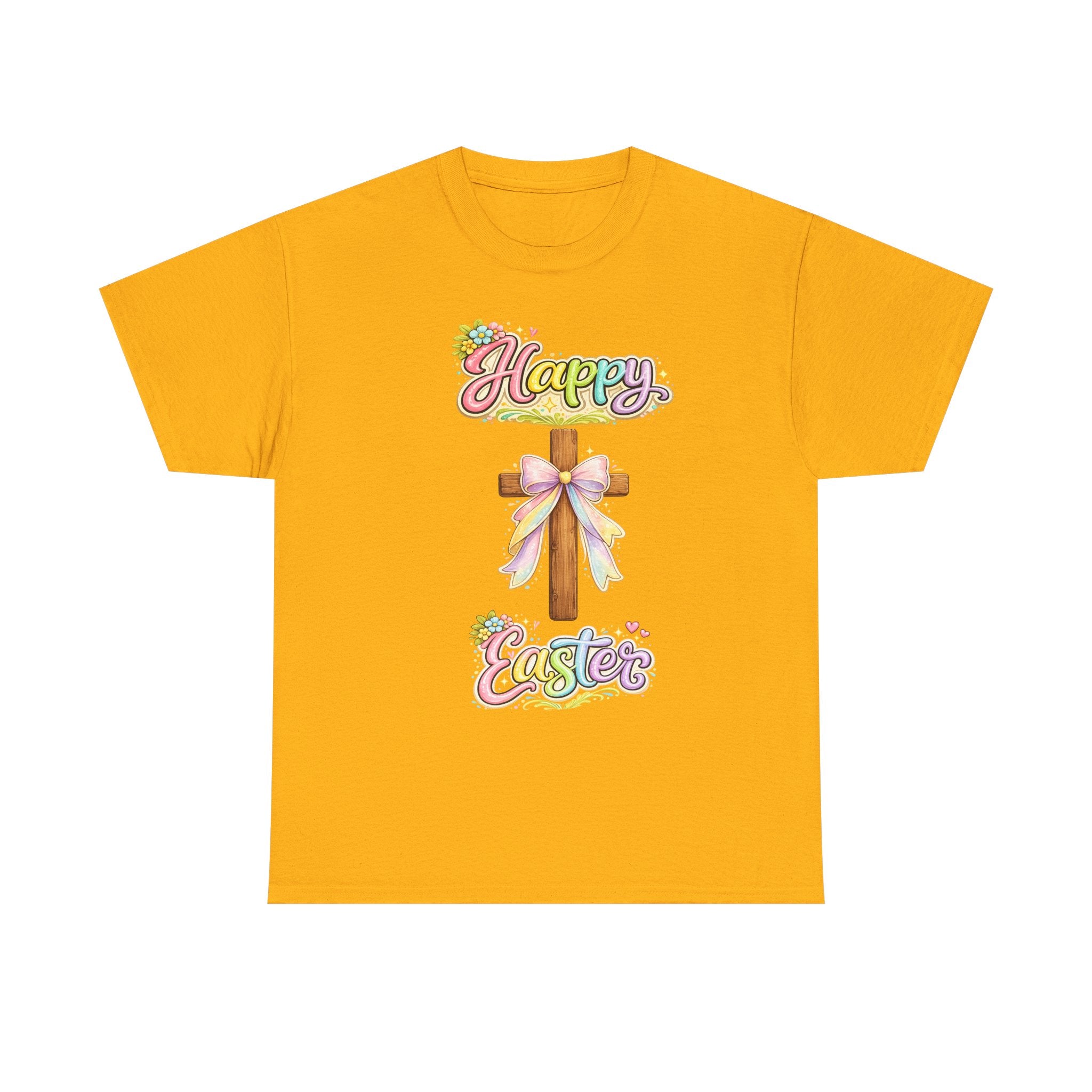Easter Cross T-Shirt – "Happy Easter" Pastel Floral Holiday Tee