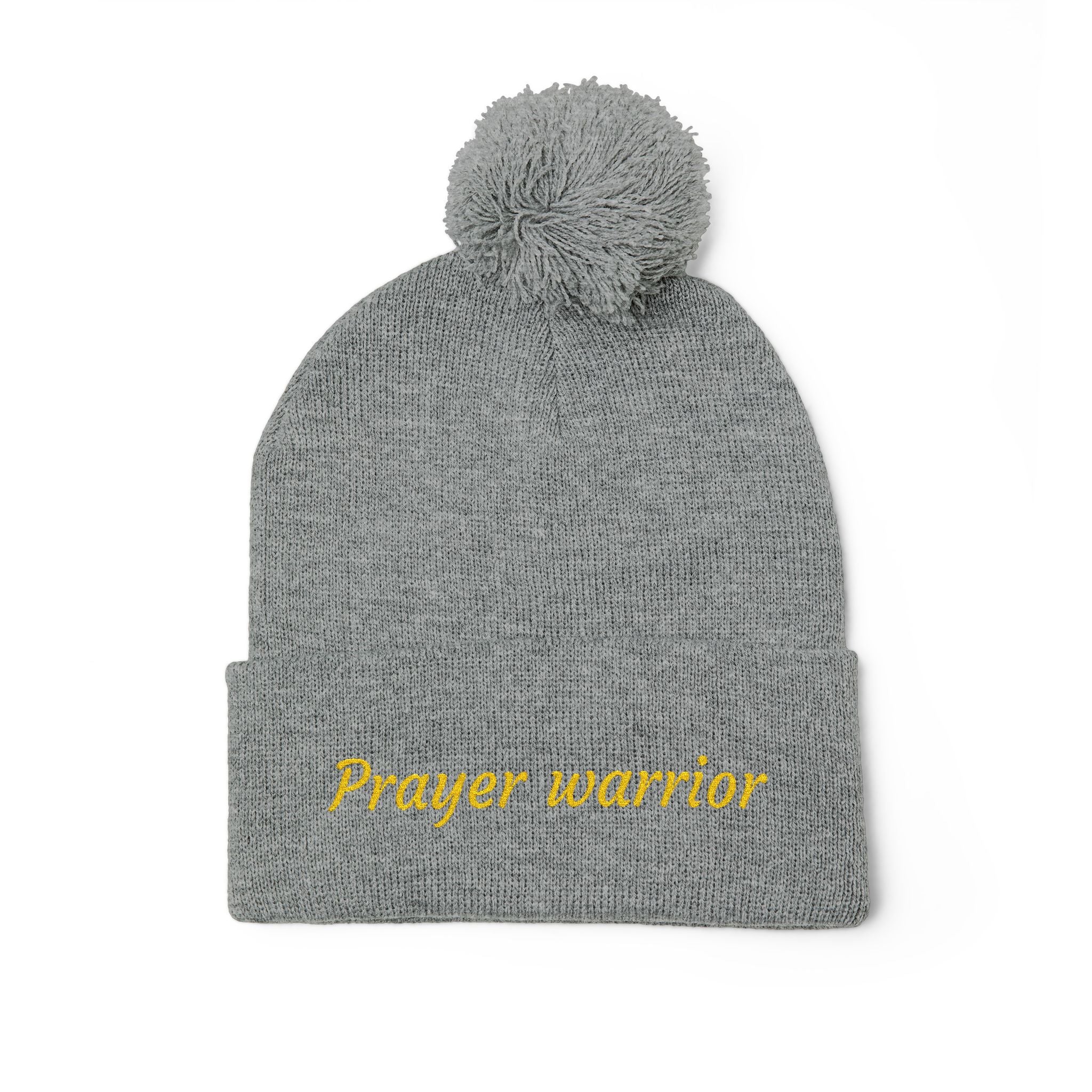 Prayer Warrior Pom-Pom Knit Cap — Embroidered Beanie Hat