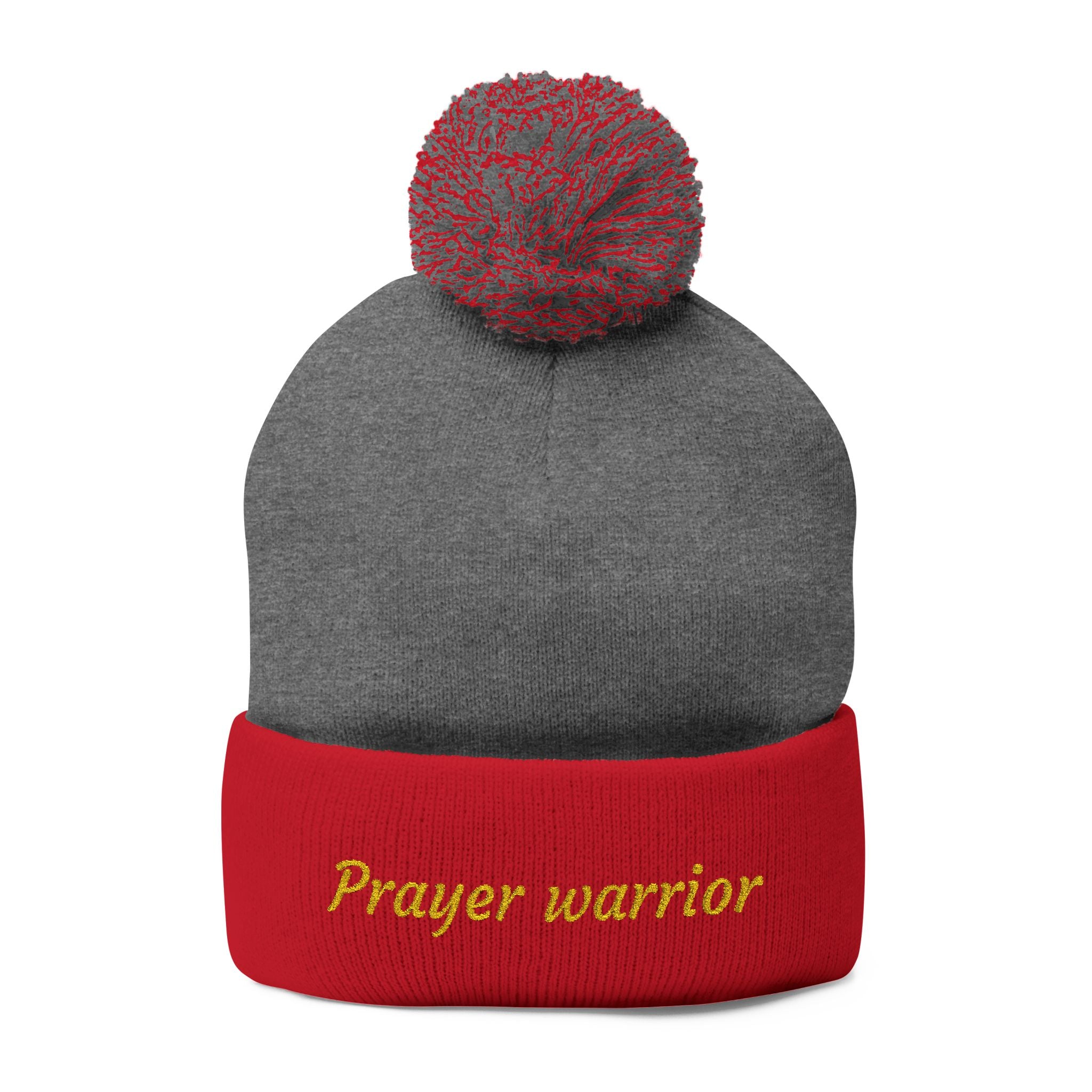 Prayer Warrior Pom-Pom Knit Cap — Embroidered Beanie Hat