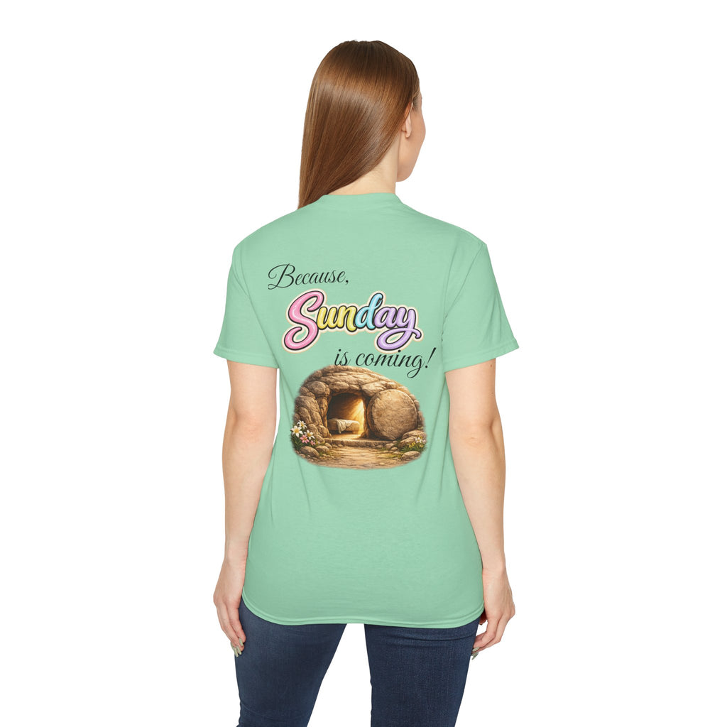 Friday Is Good Cross T‑Shirt — "Because Sunday Is Coming" Easter Christian Tee