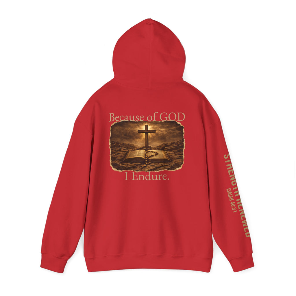 Christian Hoodie — "Because God I Endure" Cross & Bible Faith Pullover