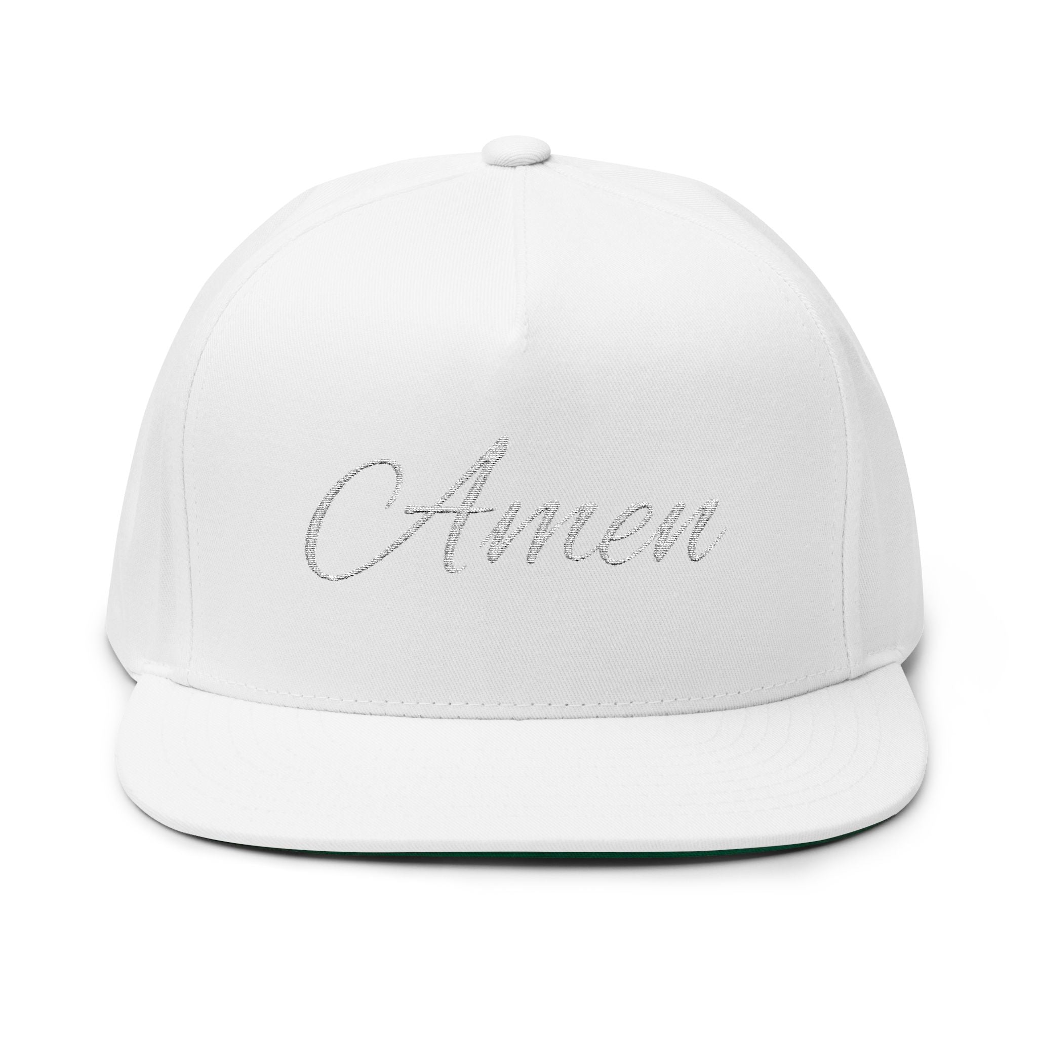 Amen Embroidered Flat Bill Cap — Religious Script Snapback Hat