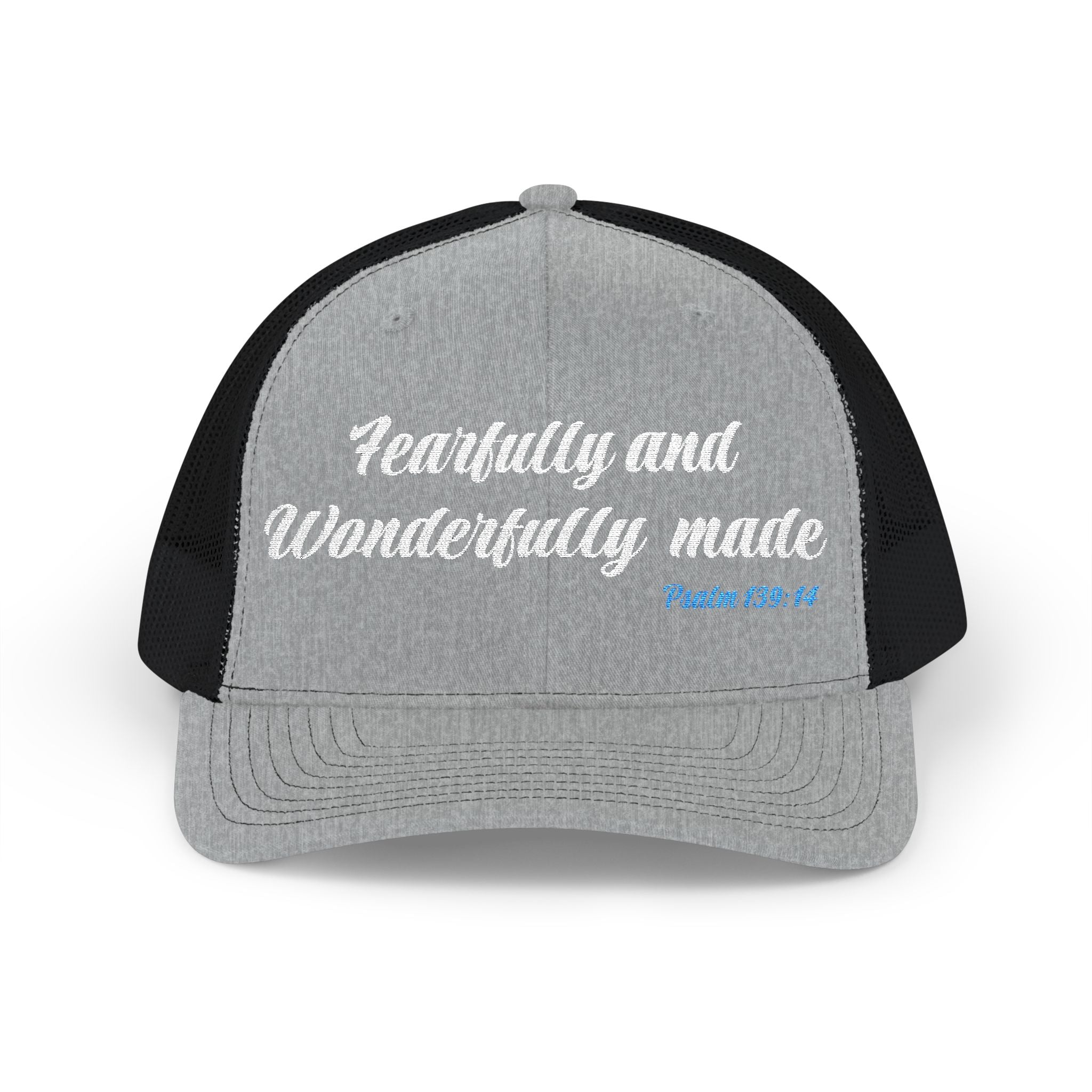 Embroidered 'Fearfully and Wonderfully Made' Snapback Trucker Cap — Christian Scripture Hat (Psalm 139:14)