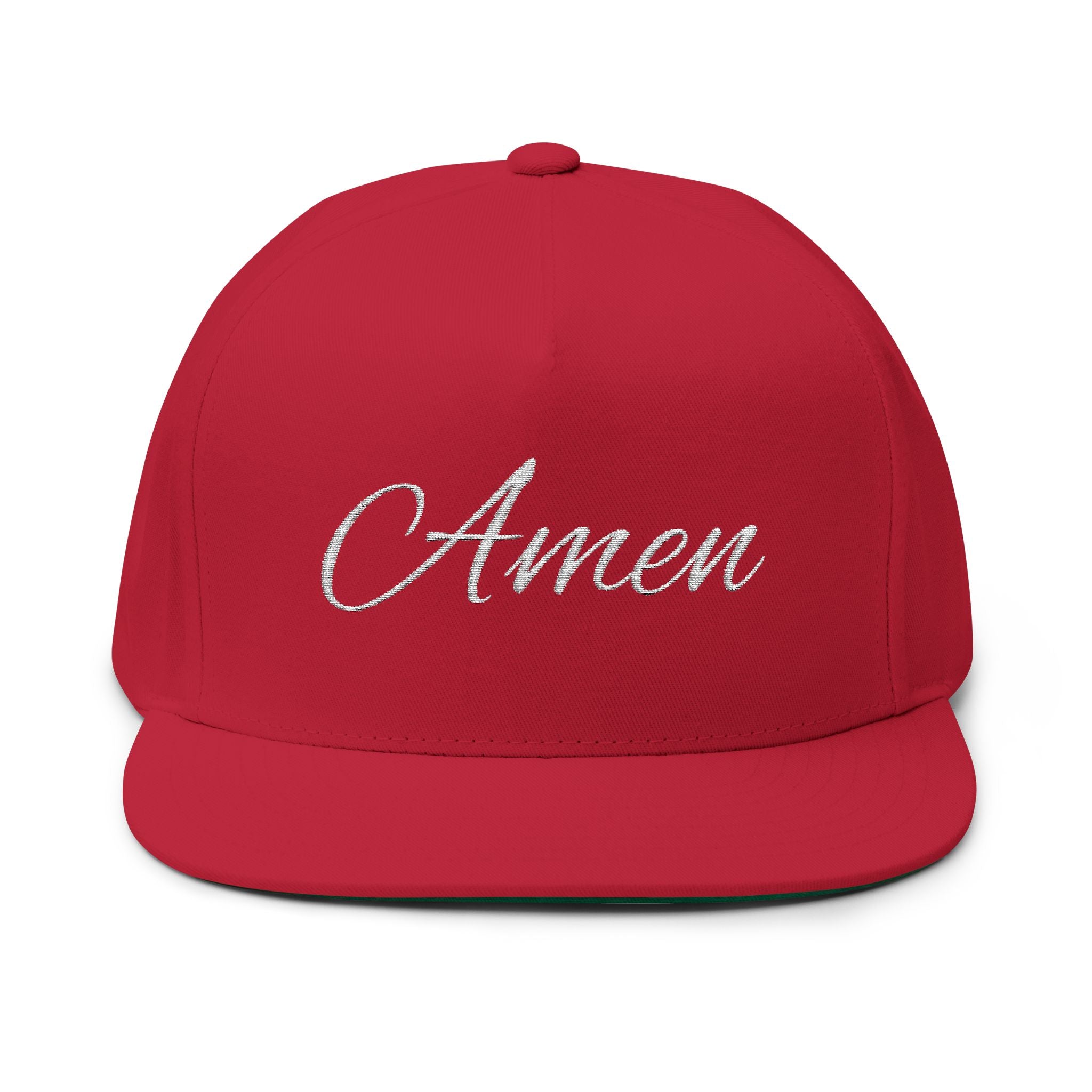 Amen Embroidered Flat Bill Cap — Religious Script Snapback Hat