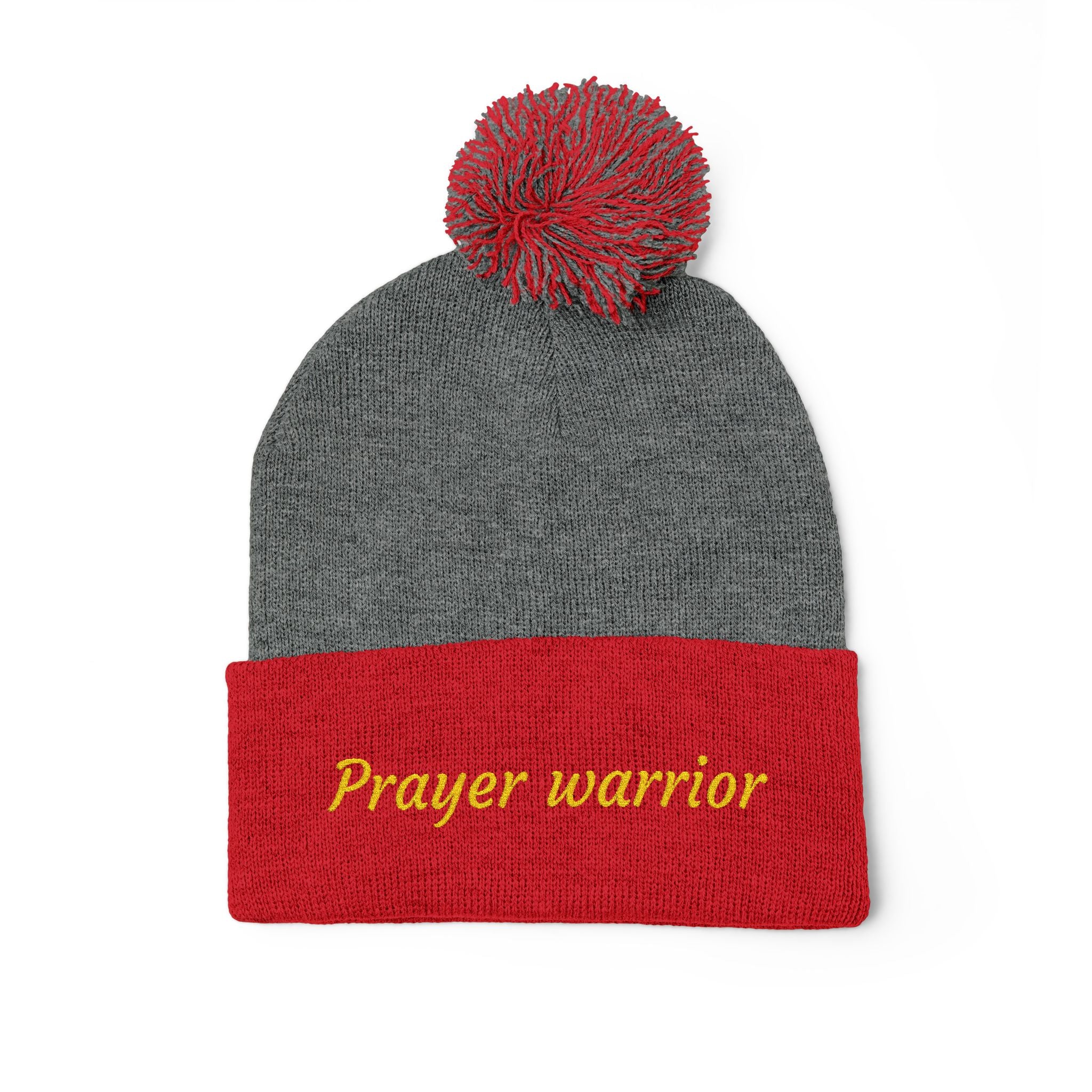 Prayer Warrior Pom-Pom Knit Cap — Embroidered Beanie Hat
